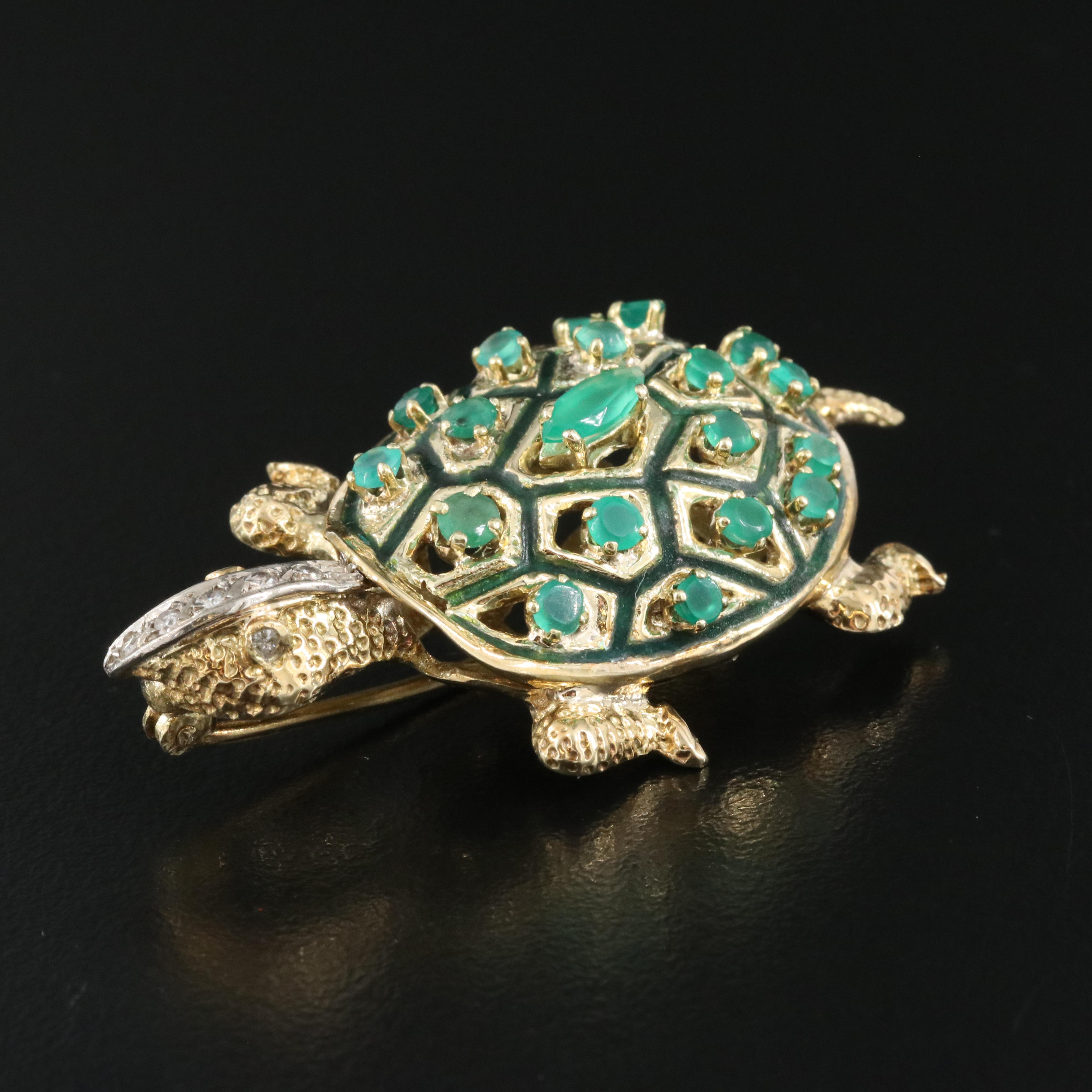 14K Emerald and Diamond Turtle Brooch