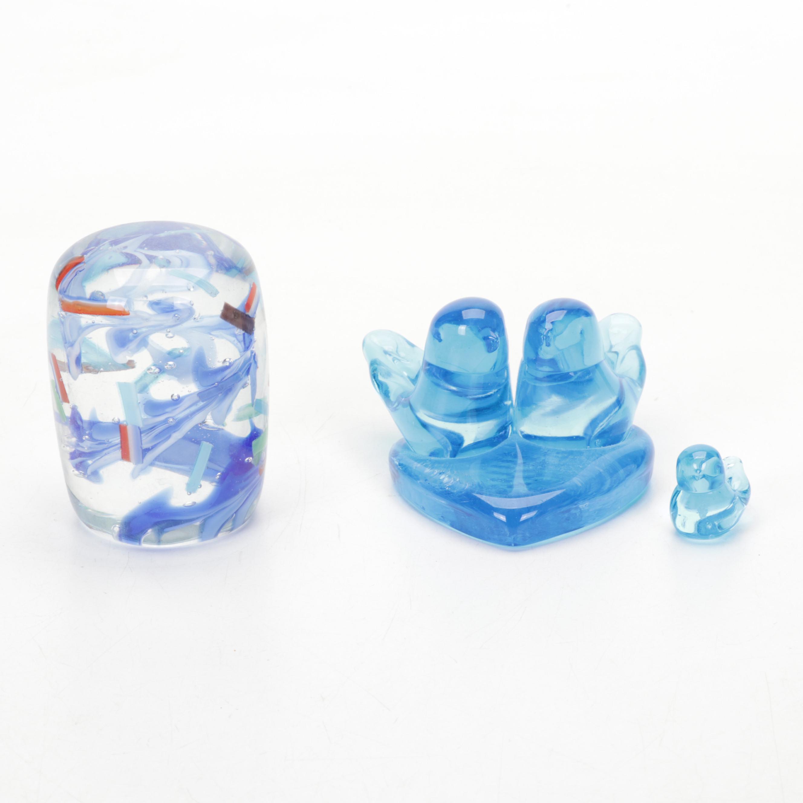 Fenton Blue Bird and Other Art Glass Figurines with Artist Signed Vase