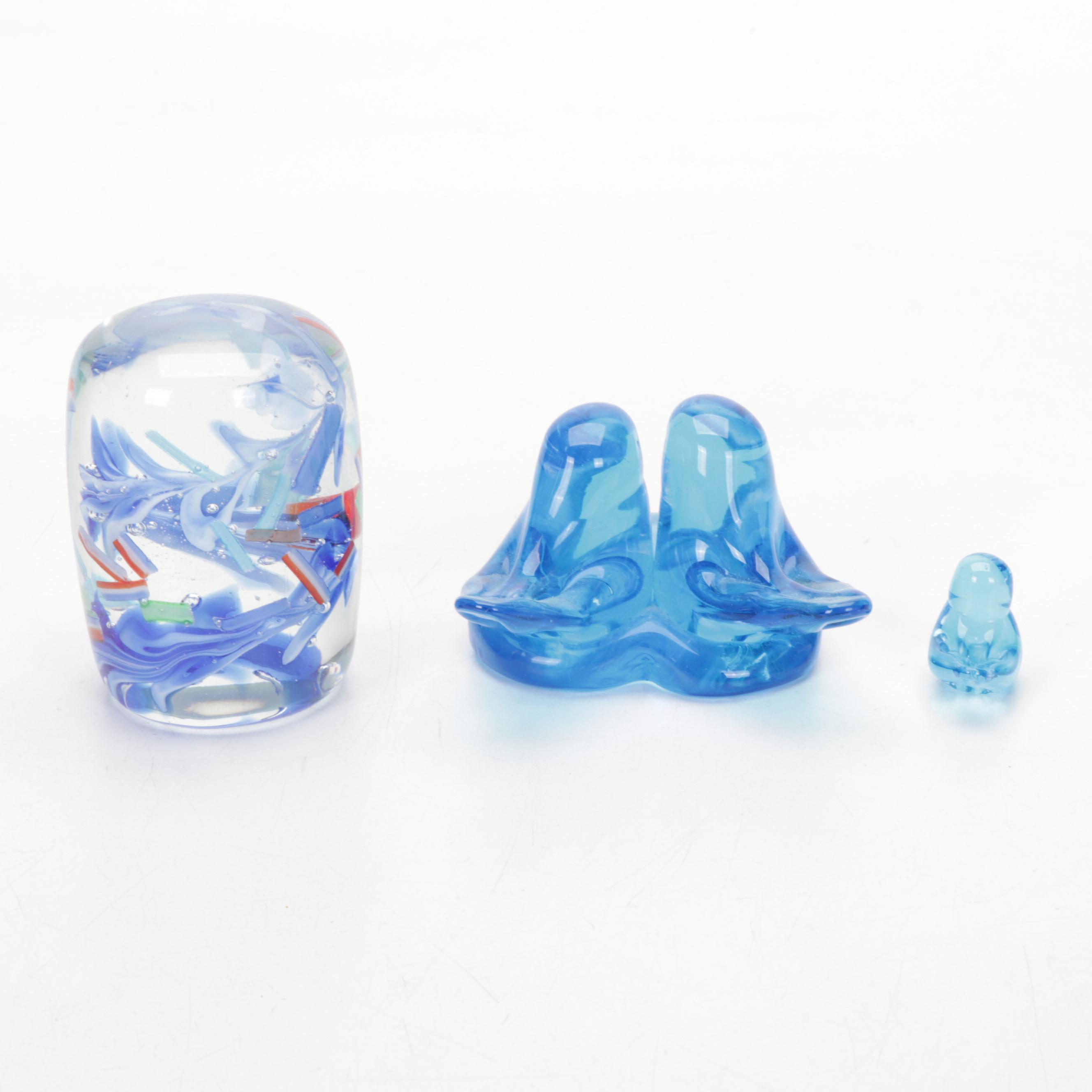 Fenton Blue Bird and Other Art Glass Figurines with Artist Signed Vase