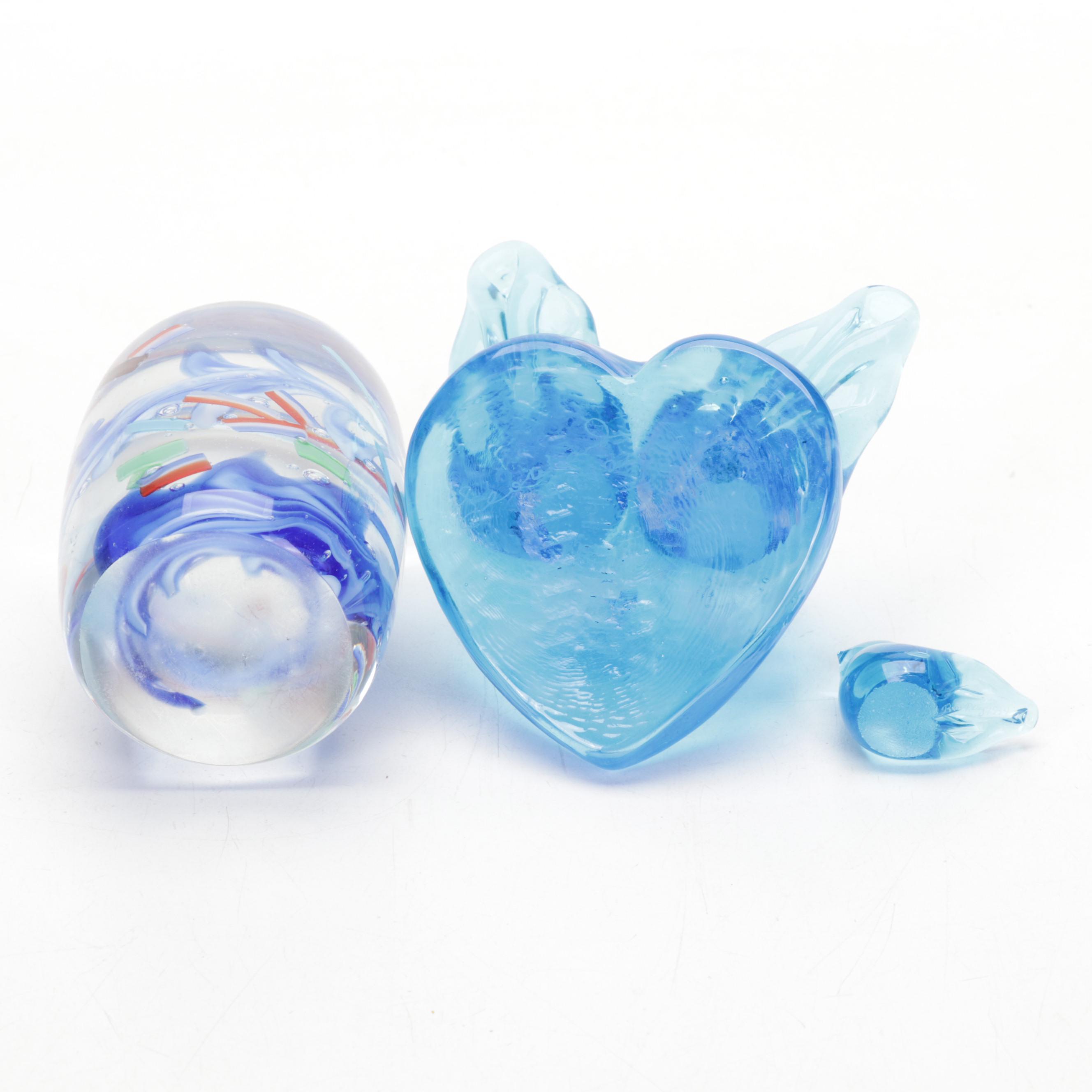 Fenton Blue Bird and Other Art Glass Figurines with Artist Signed Vase