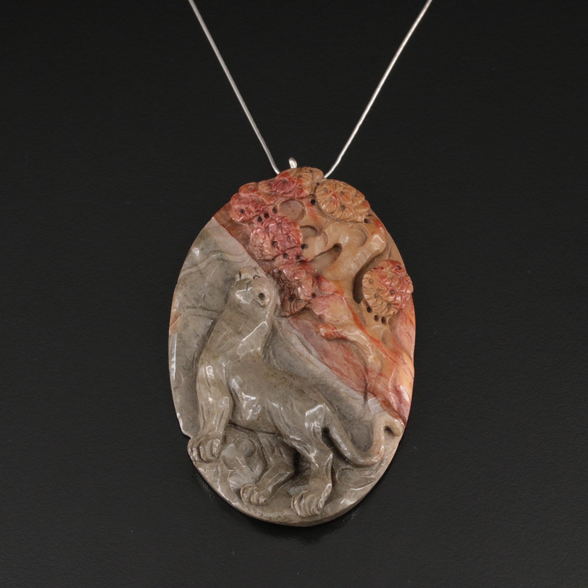 Asian Inspired Sterling Carved Jasper Cougar Pendant Necklace