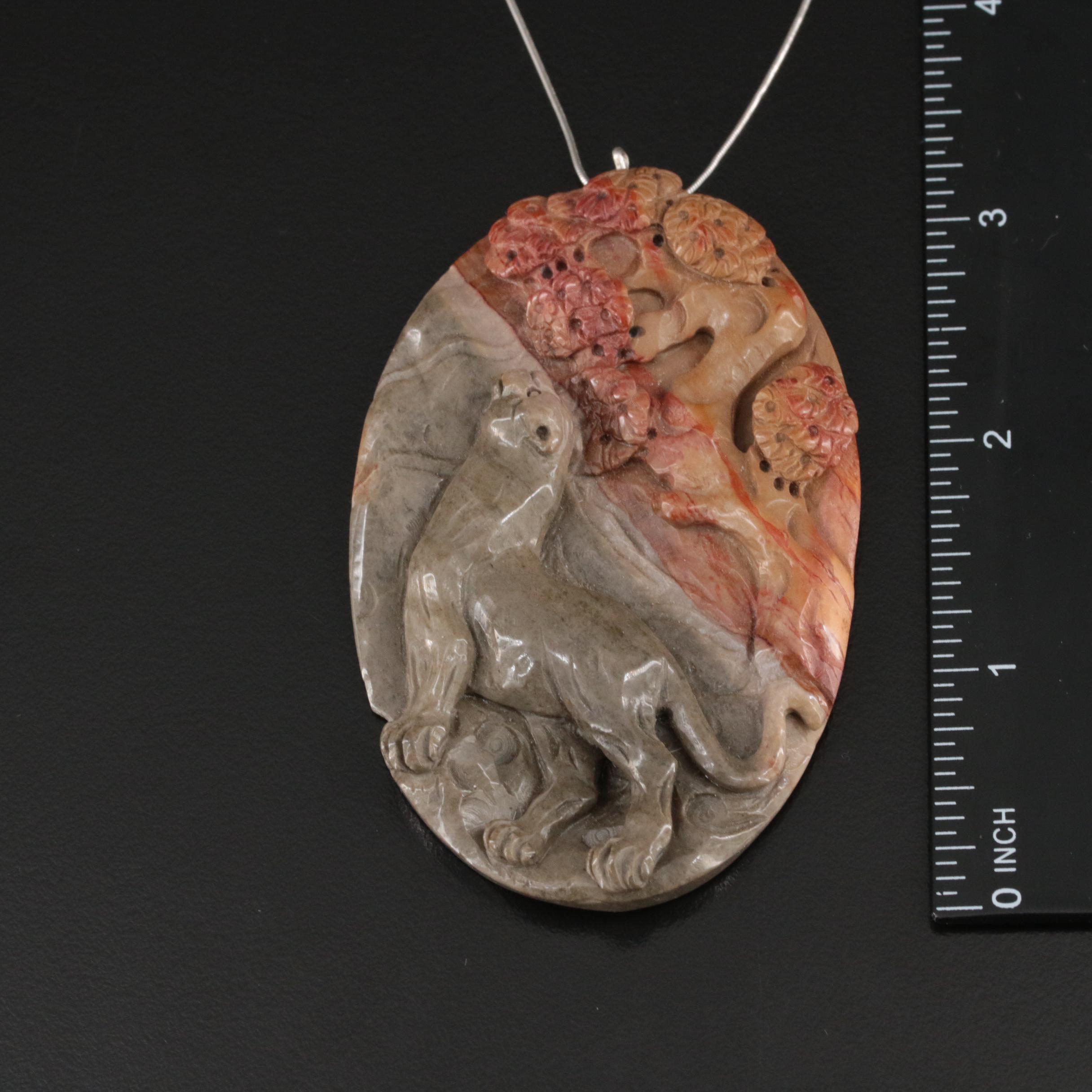 Asian Inspired Sterling Carved Jasper Cougar Pendant Necklace