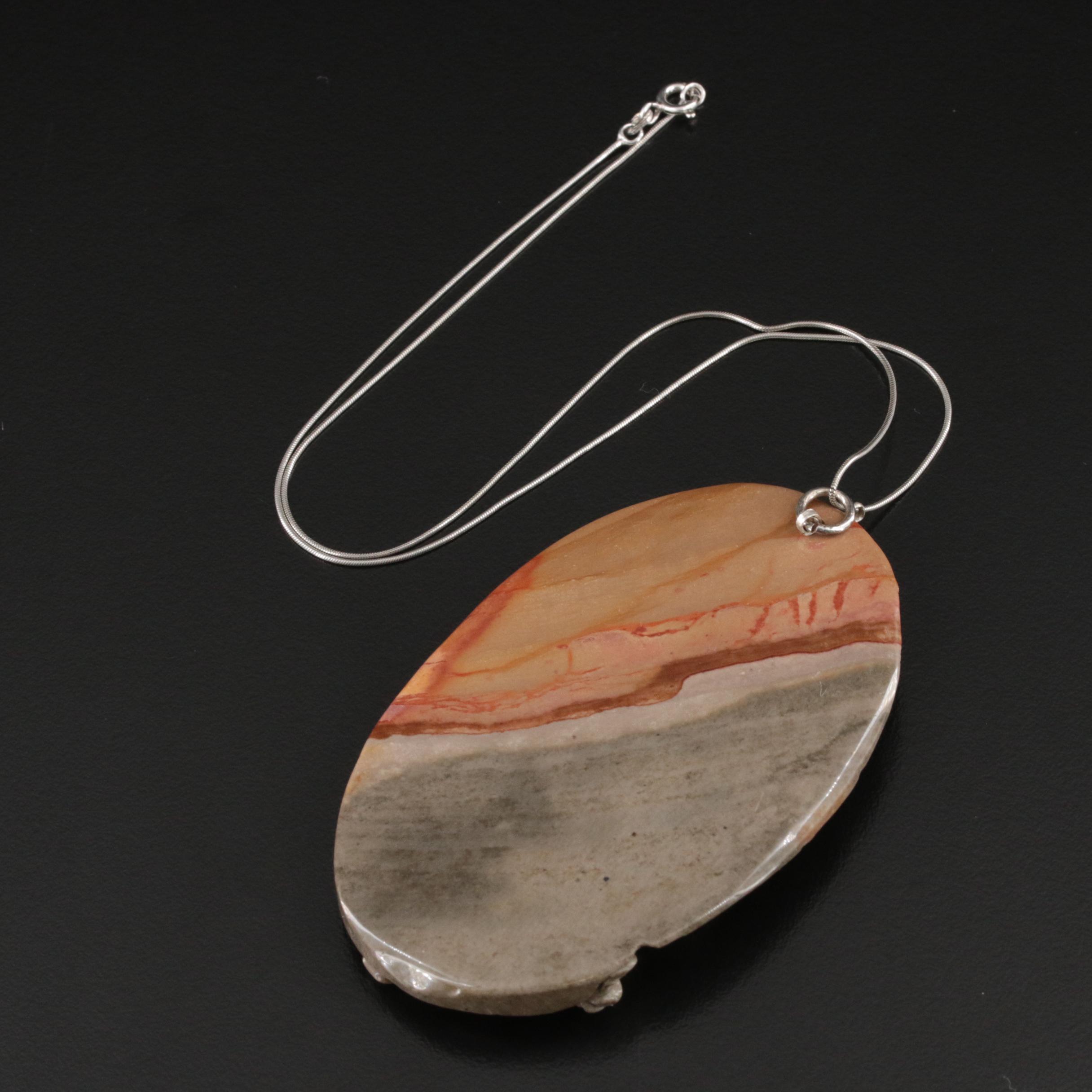 Asian Inspired Sterling Carved Jasper Cougar Pendant Necklace