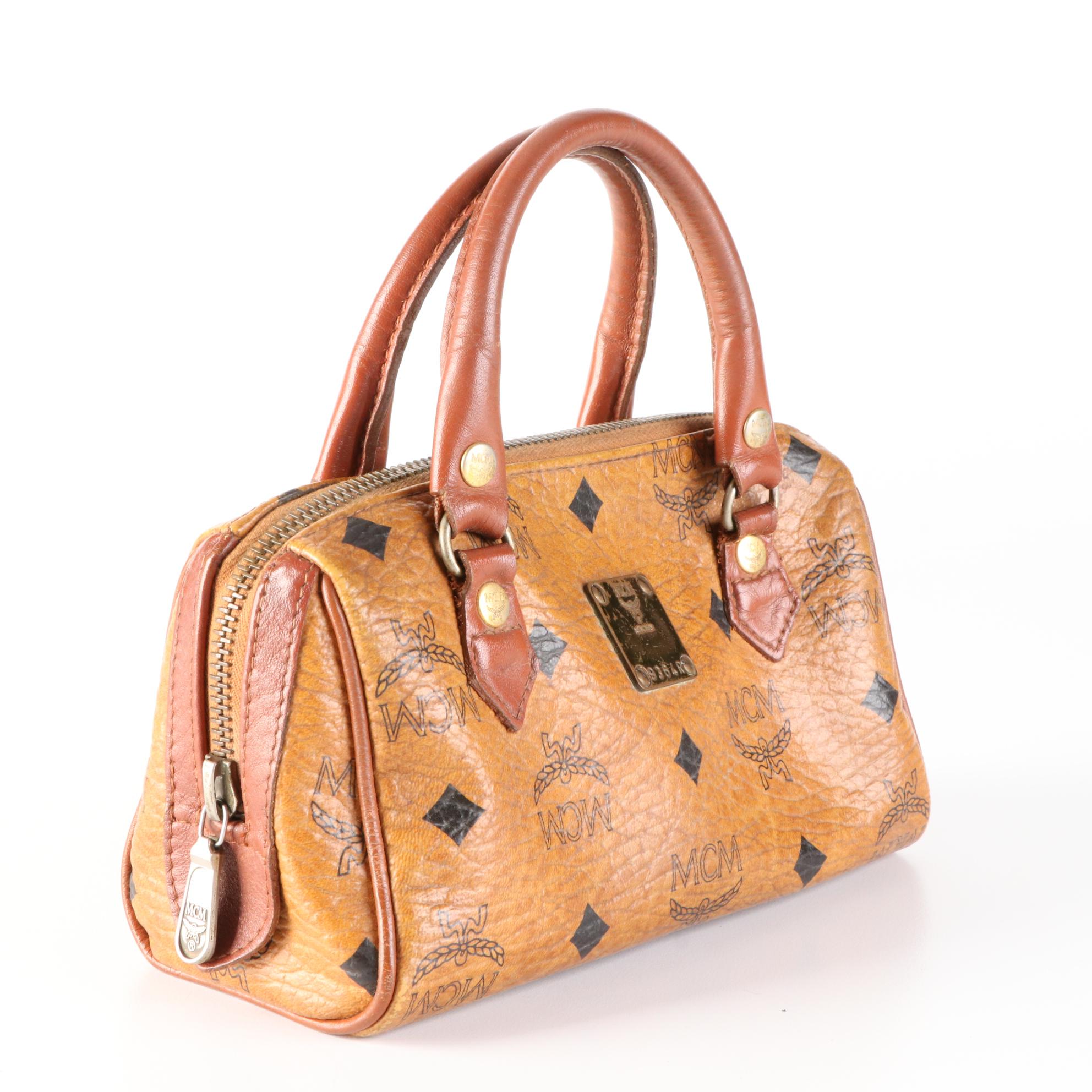 MCM Mini Boston Bag in Cognac Visetos and Leather Trim