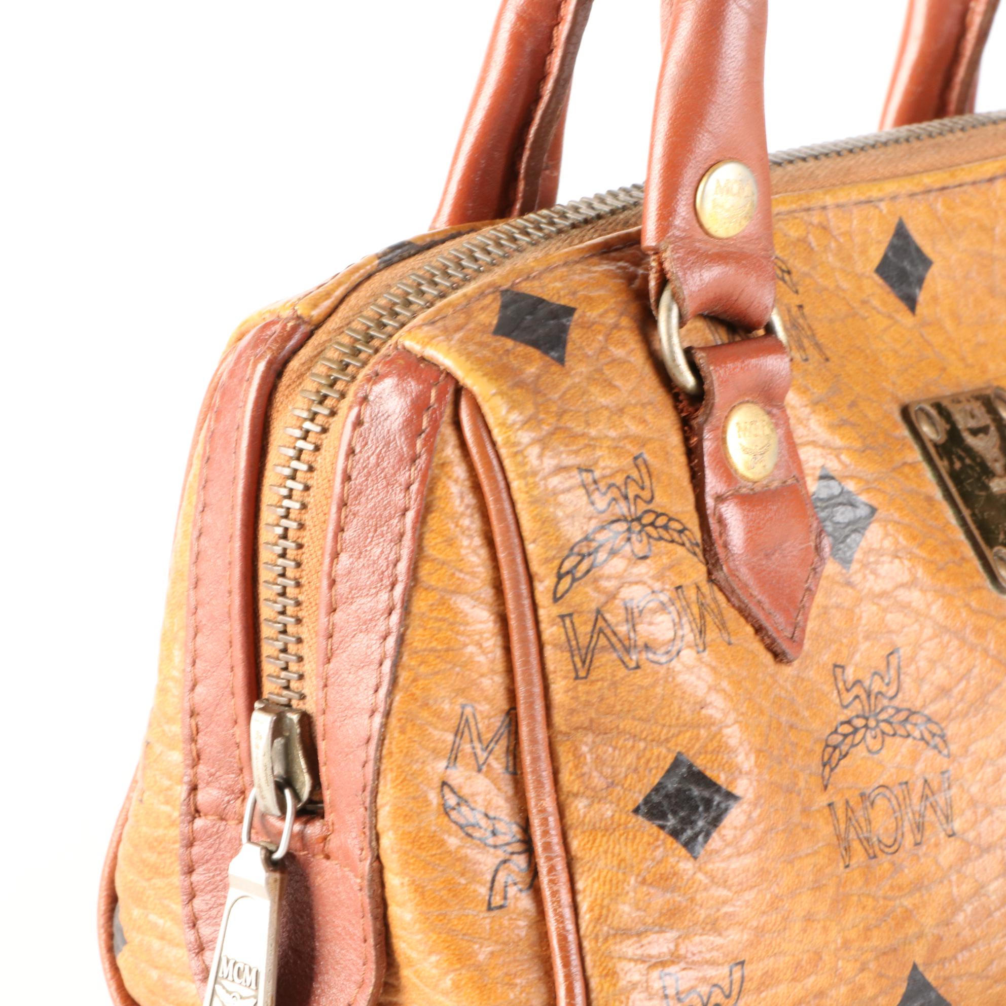 MCM Mini Boston Bag in Cognac Visetos and Leather Trim