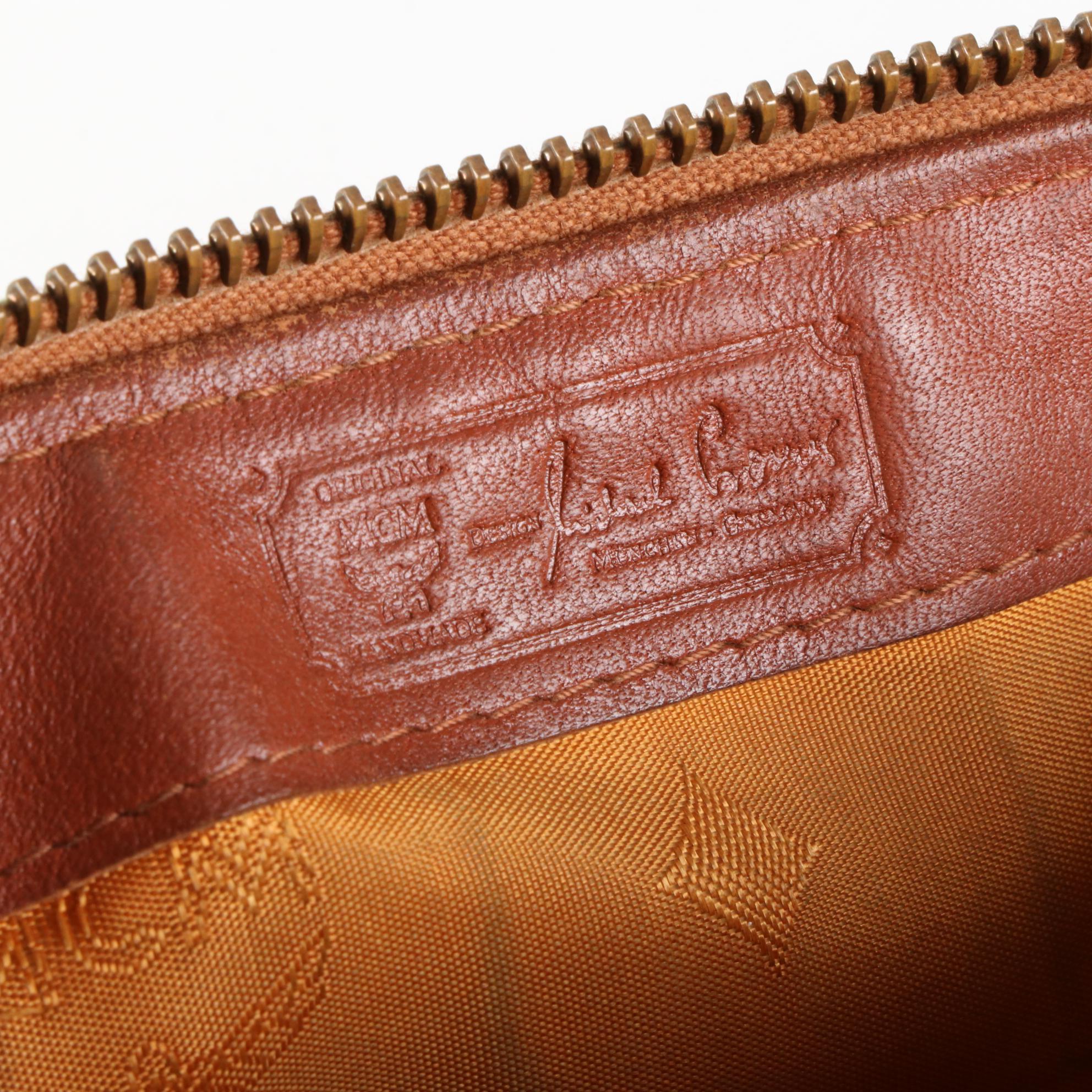 MCM Mini Boston Bag in Cognac Visetos and Leather Trim