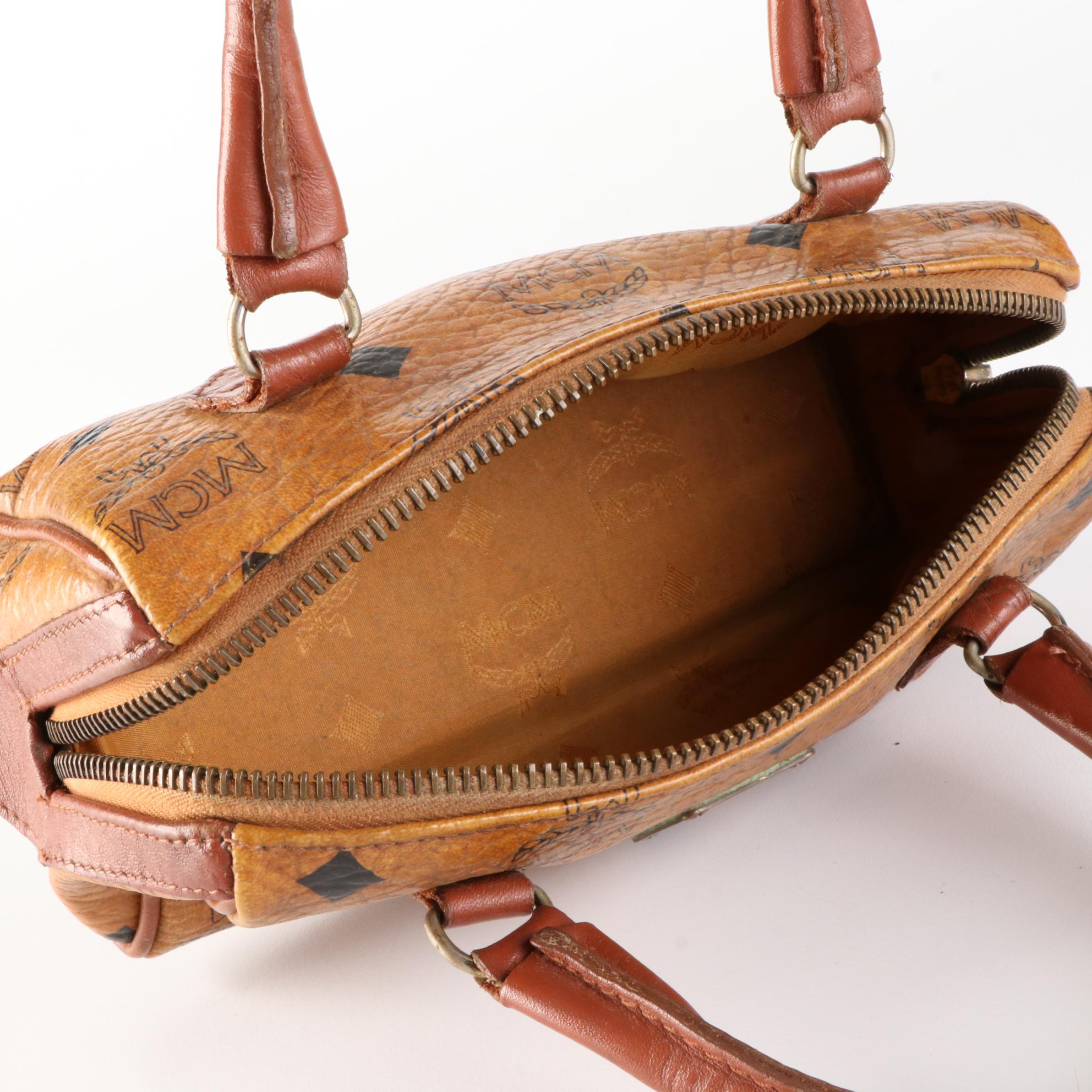 MCM Mini Boston Bag in Cognac Visetos and Leather Trim