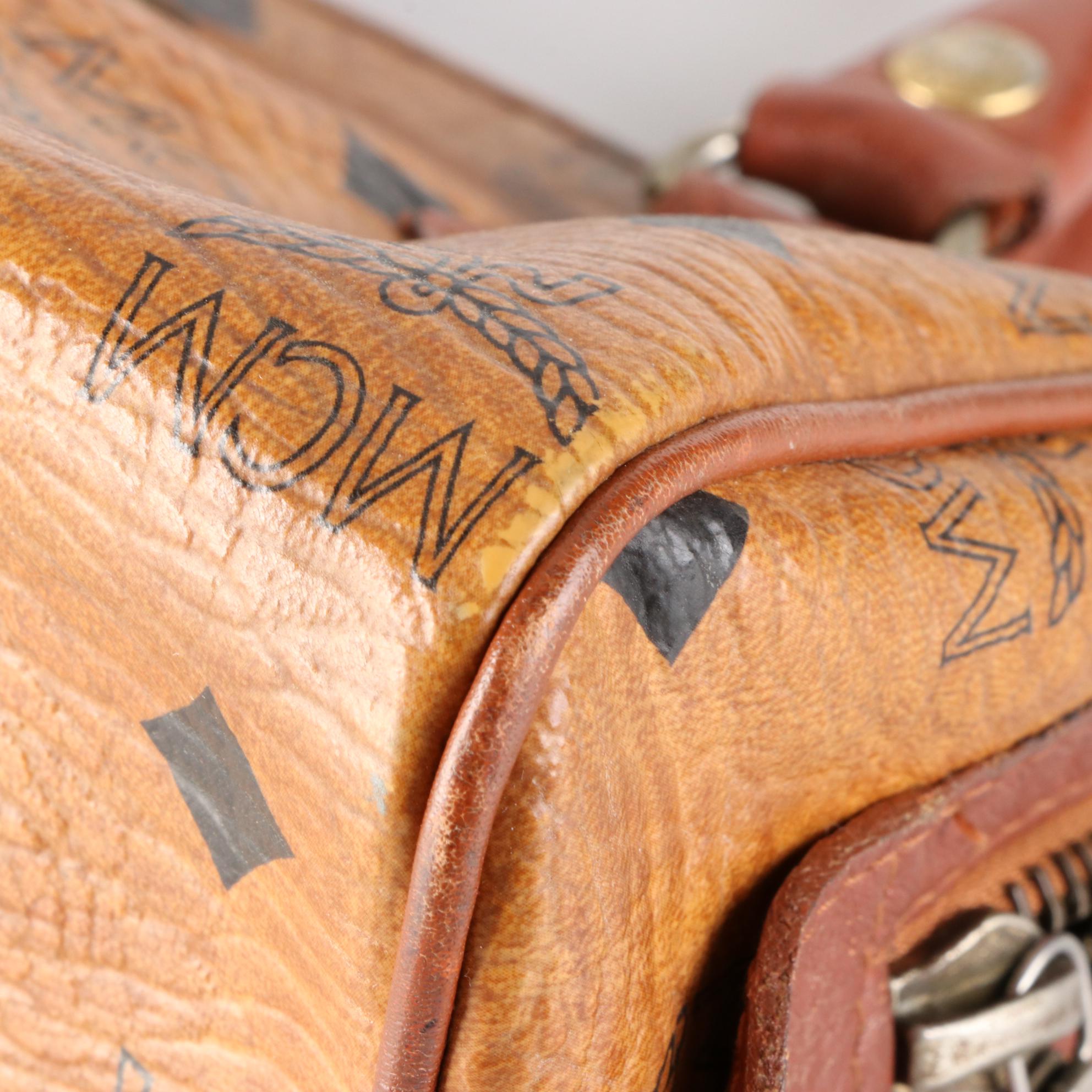 MCM Mini Boston Bag in Cognac Visetos and Leather Trim