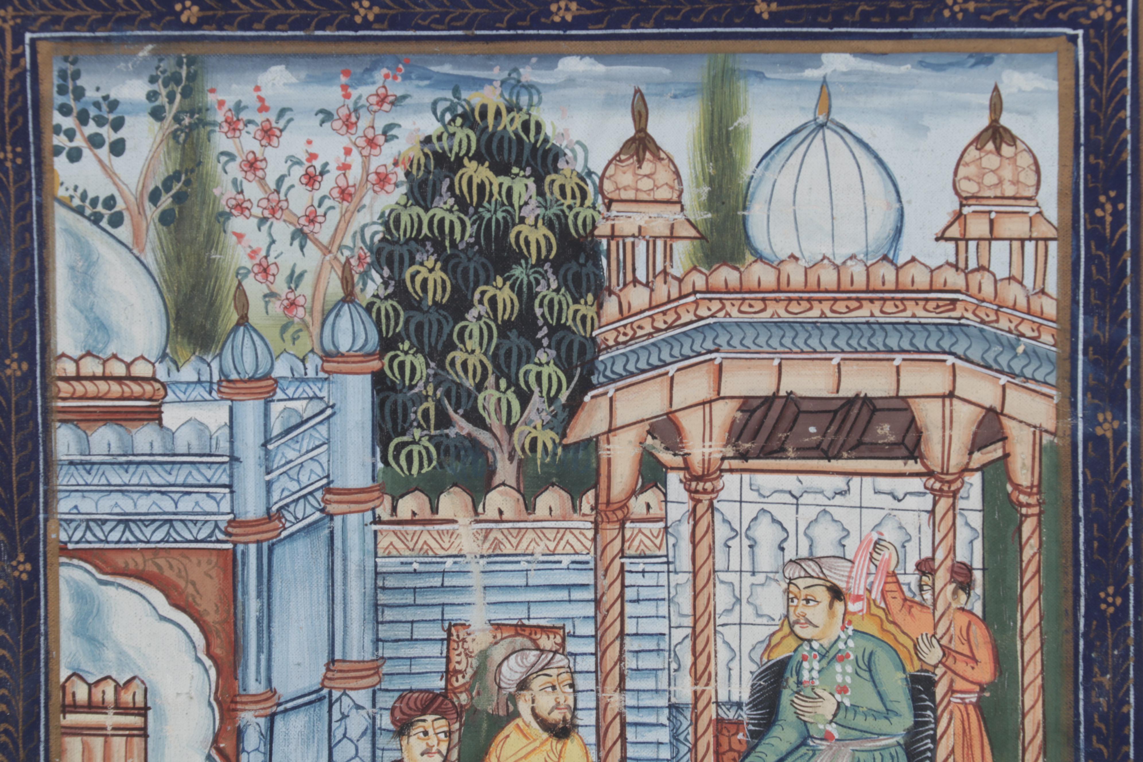 Indo-Persian Mughal Gouache Painting of Noble Courtyard