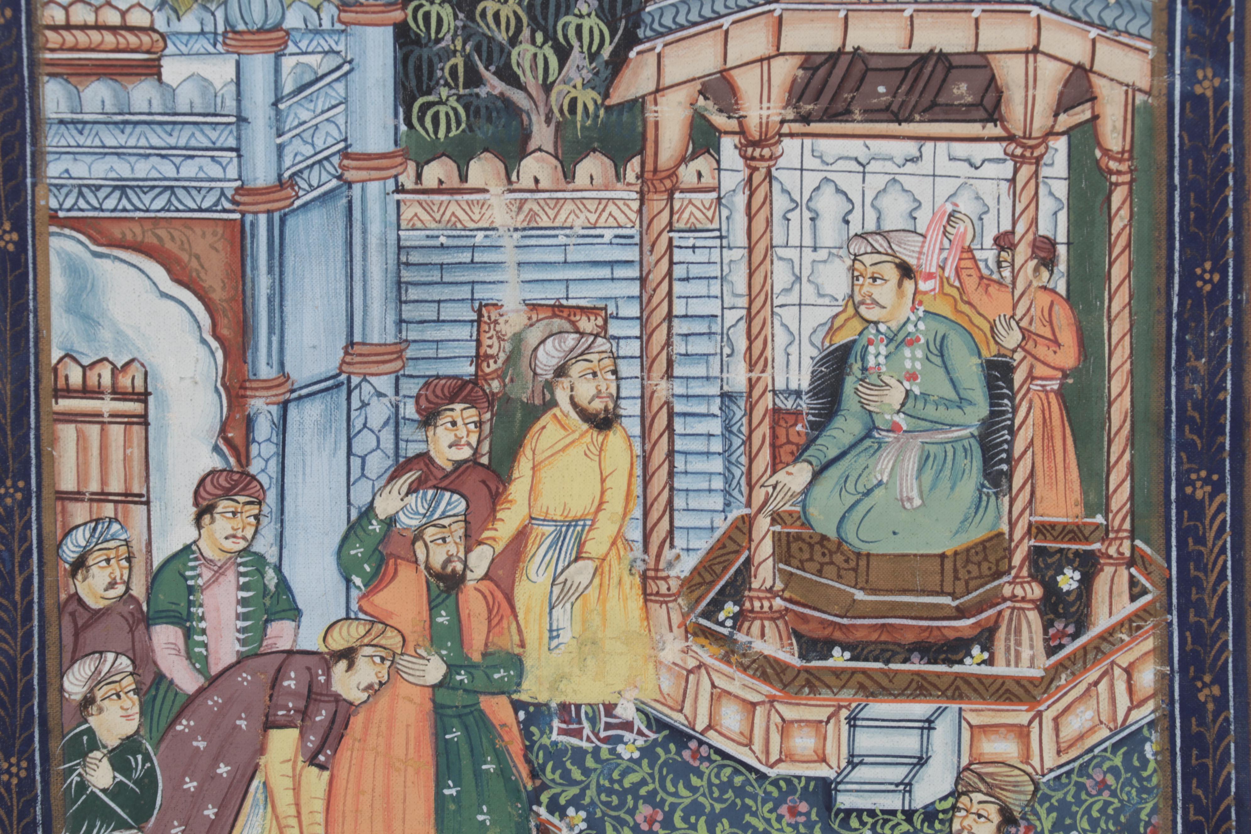 Indo-Persian Mughal Gouache Painting of Noble Courtyard