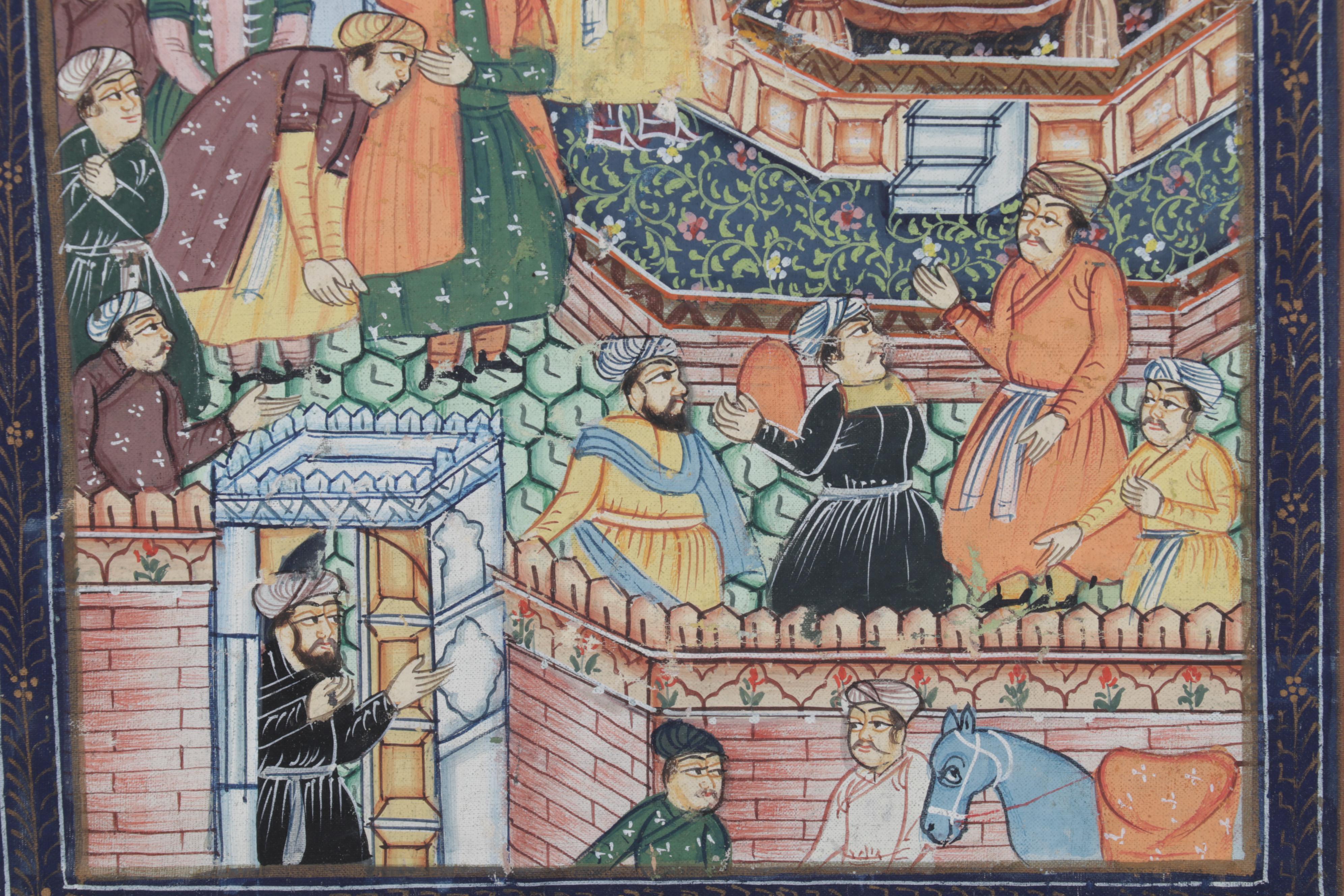 Indo-Persian Mughal Gouache Painting of Noble Courtyard