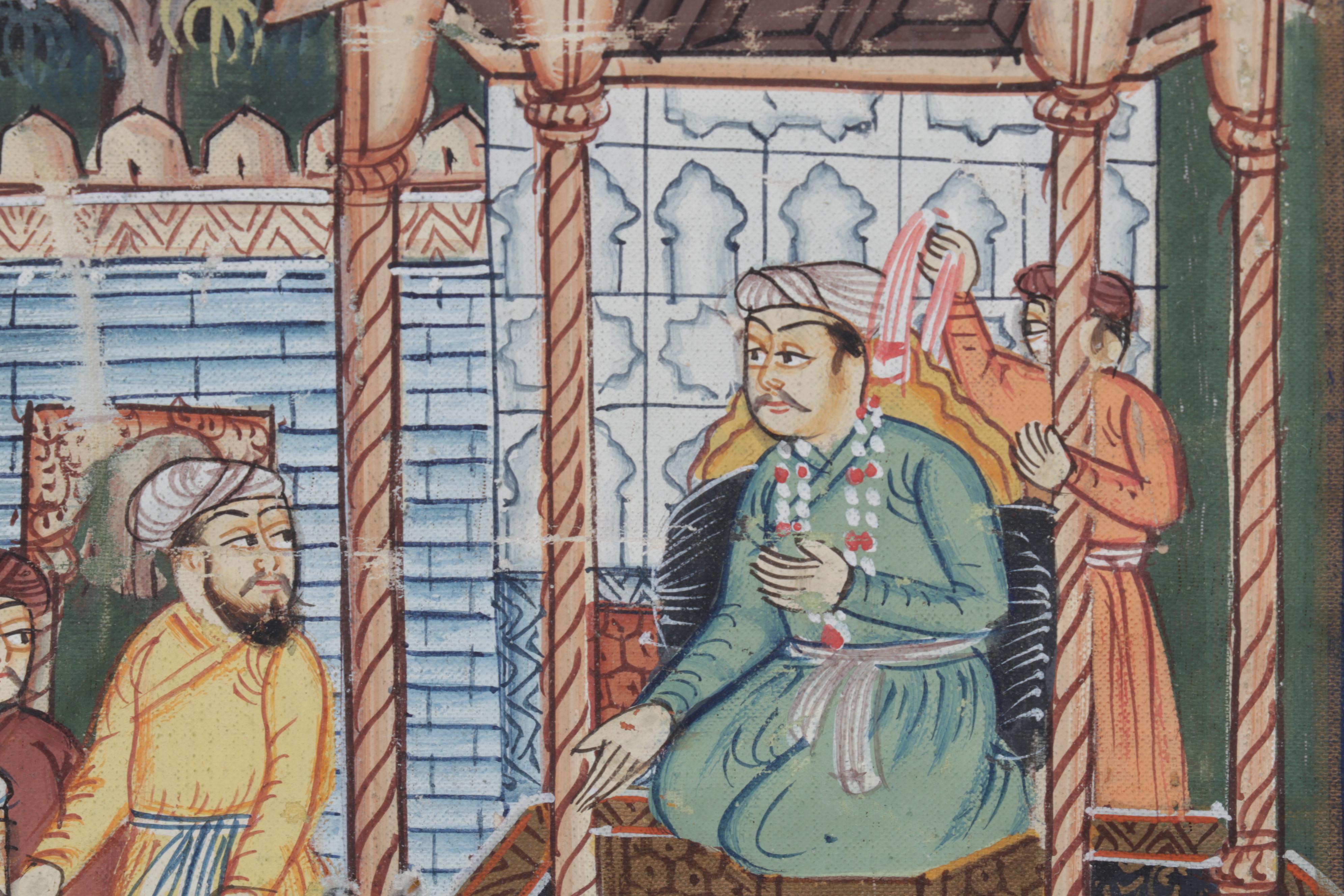 Indo-Persian Mughal Gouache Painting of Noble Courtyard