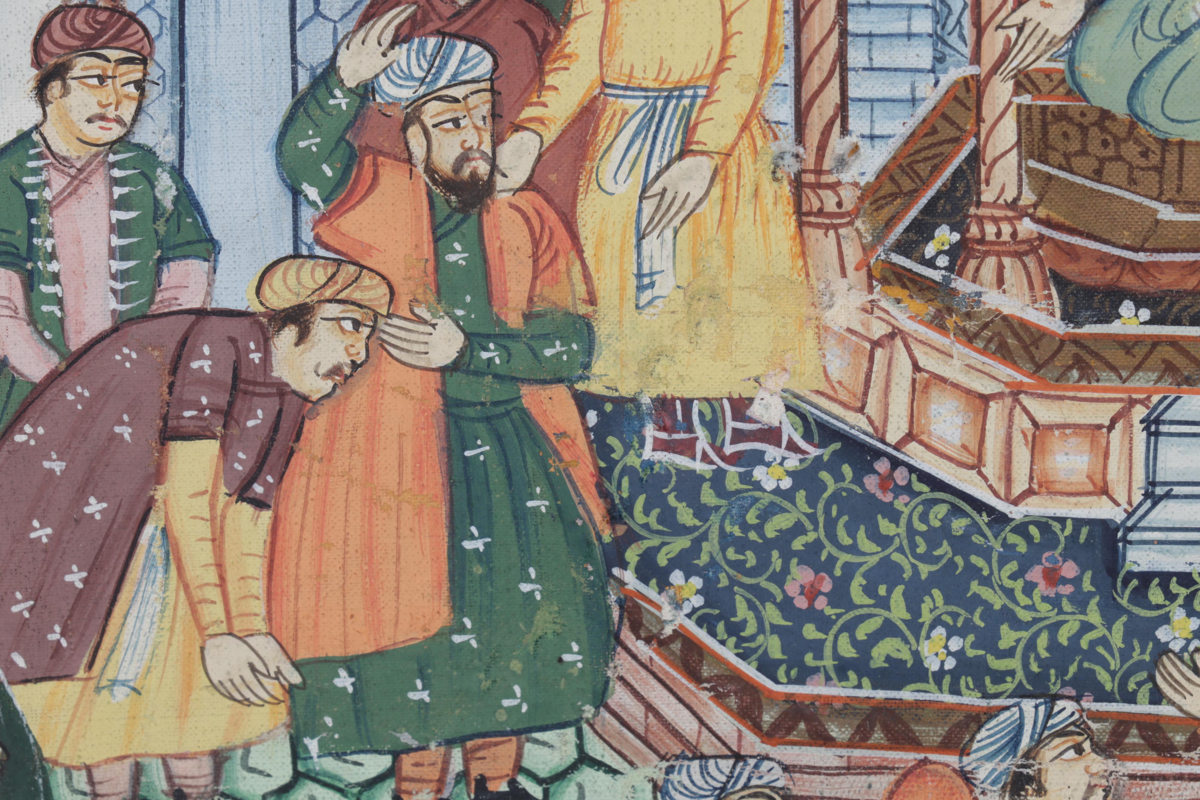 Indo-Persian Mughal Gouache Painting of Noble Courtyard