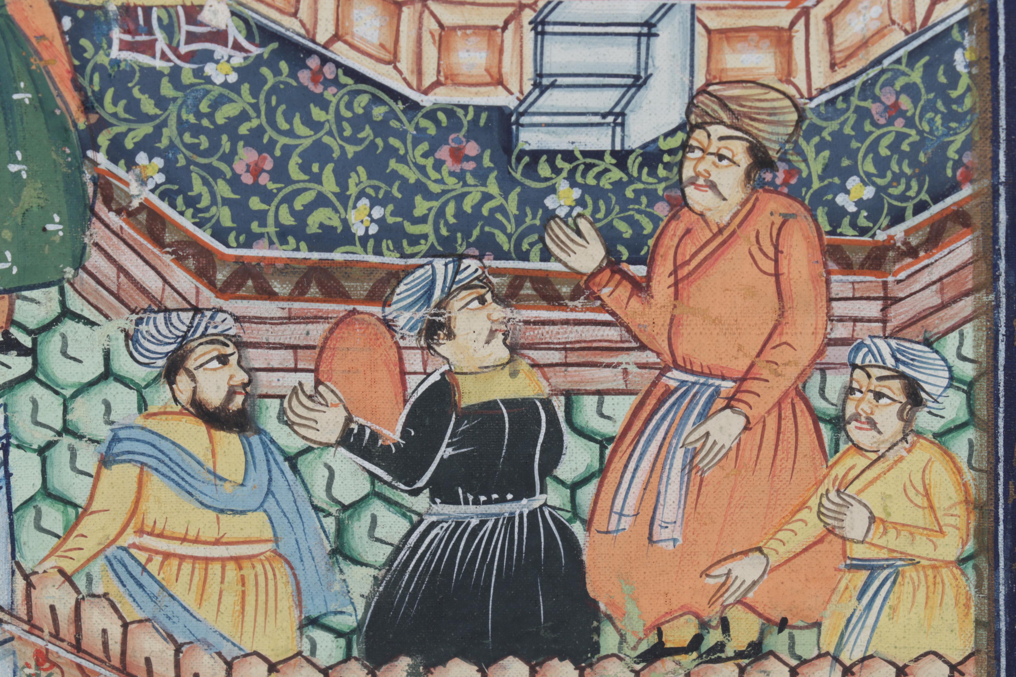 Indo-Persian Mughal Gouache Painting of Noble Courtyard