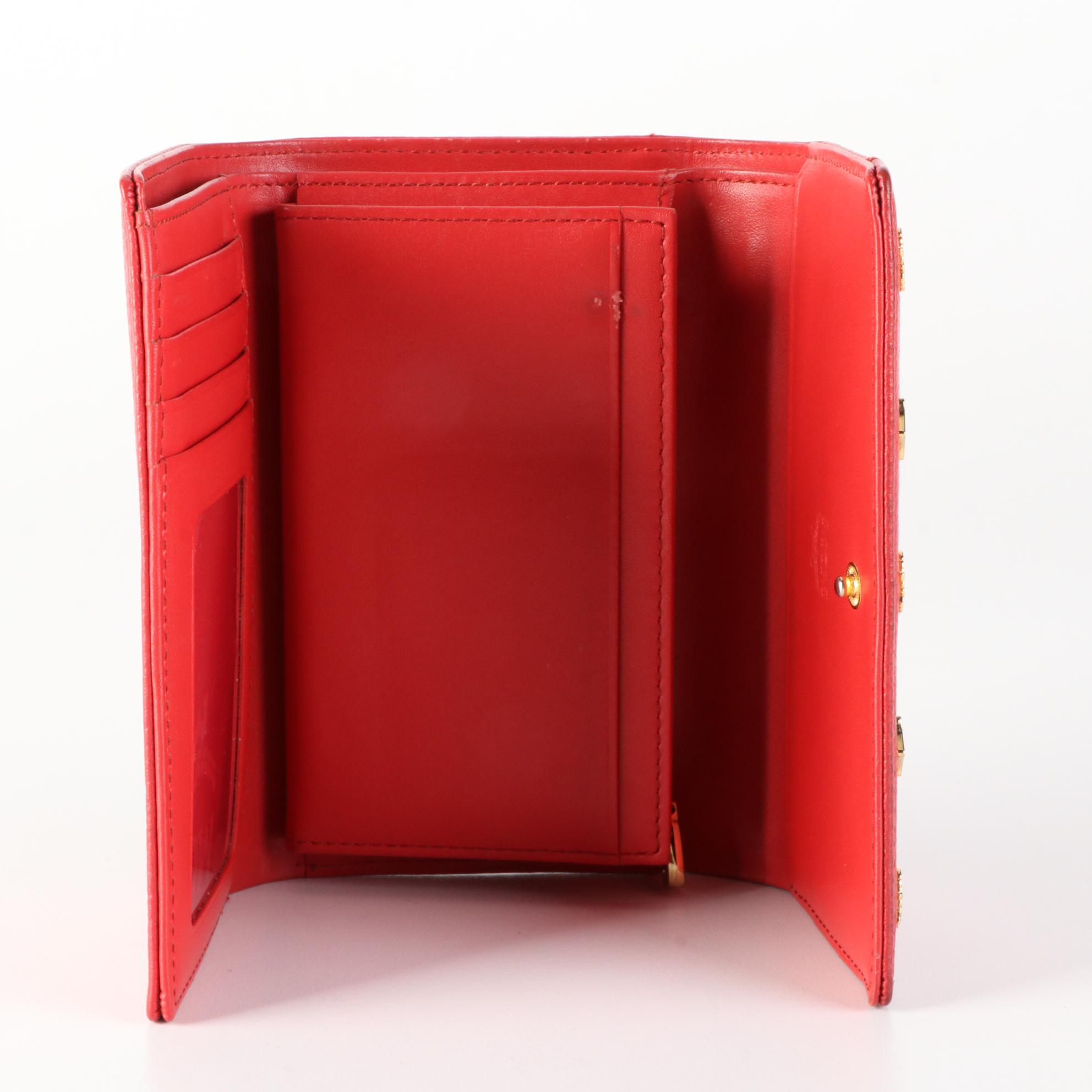 MCM Compact Wallet in Logo Emblem Red Grain Leather with Box