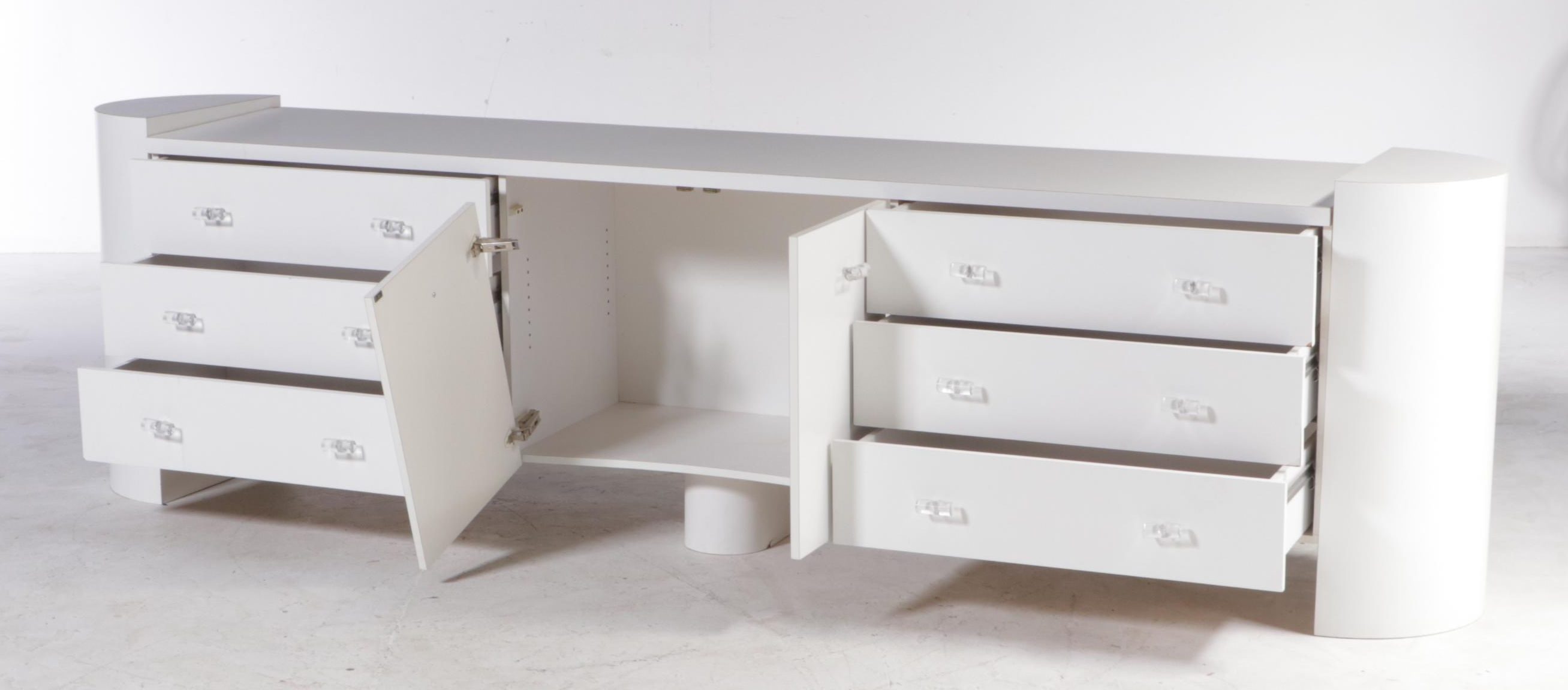 Post Modernist White Laminate Six-Drawer Credenza with Acrylic Handles
