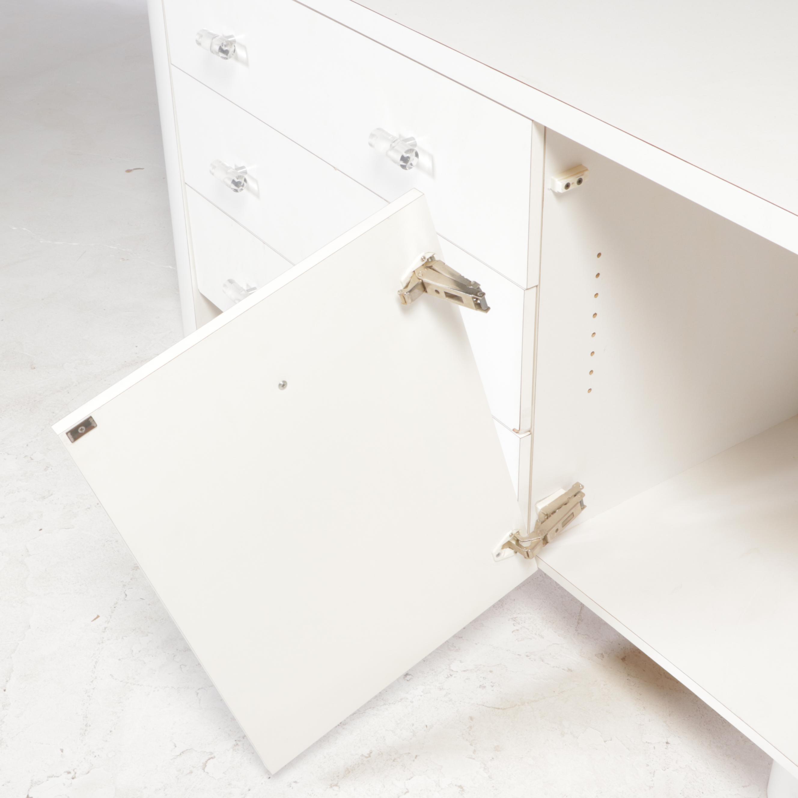 Post Modernist White Laminate Six-Drawer Credenza with Acrylic Handles