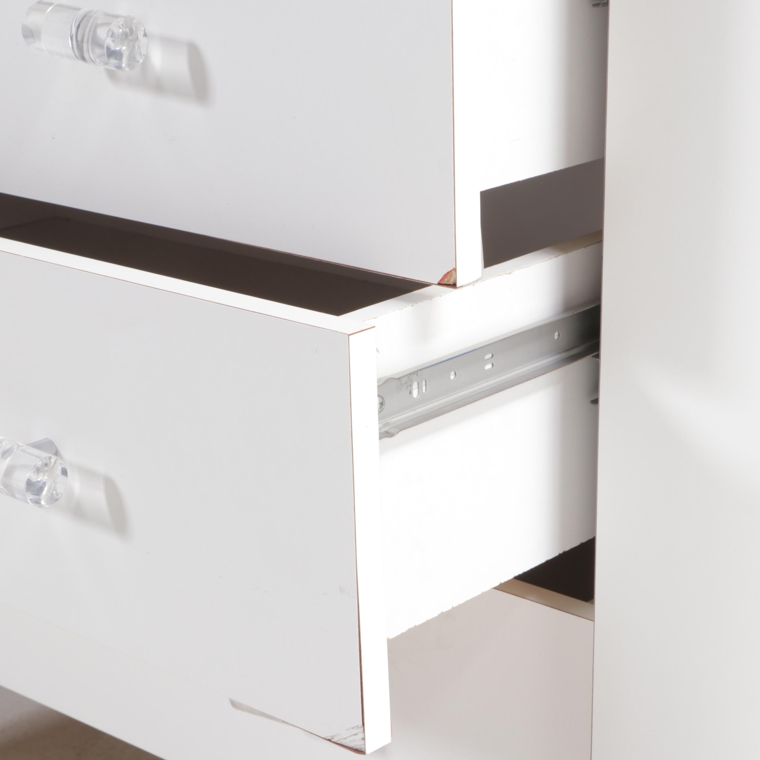 Post Modernist White Laminate Six-Drawer Credenza with Acrylic Handles