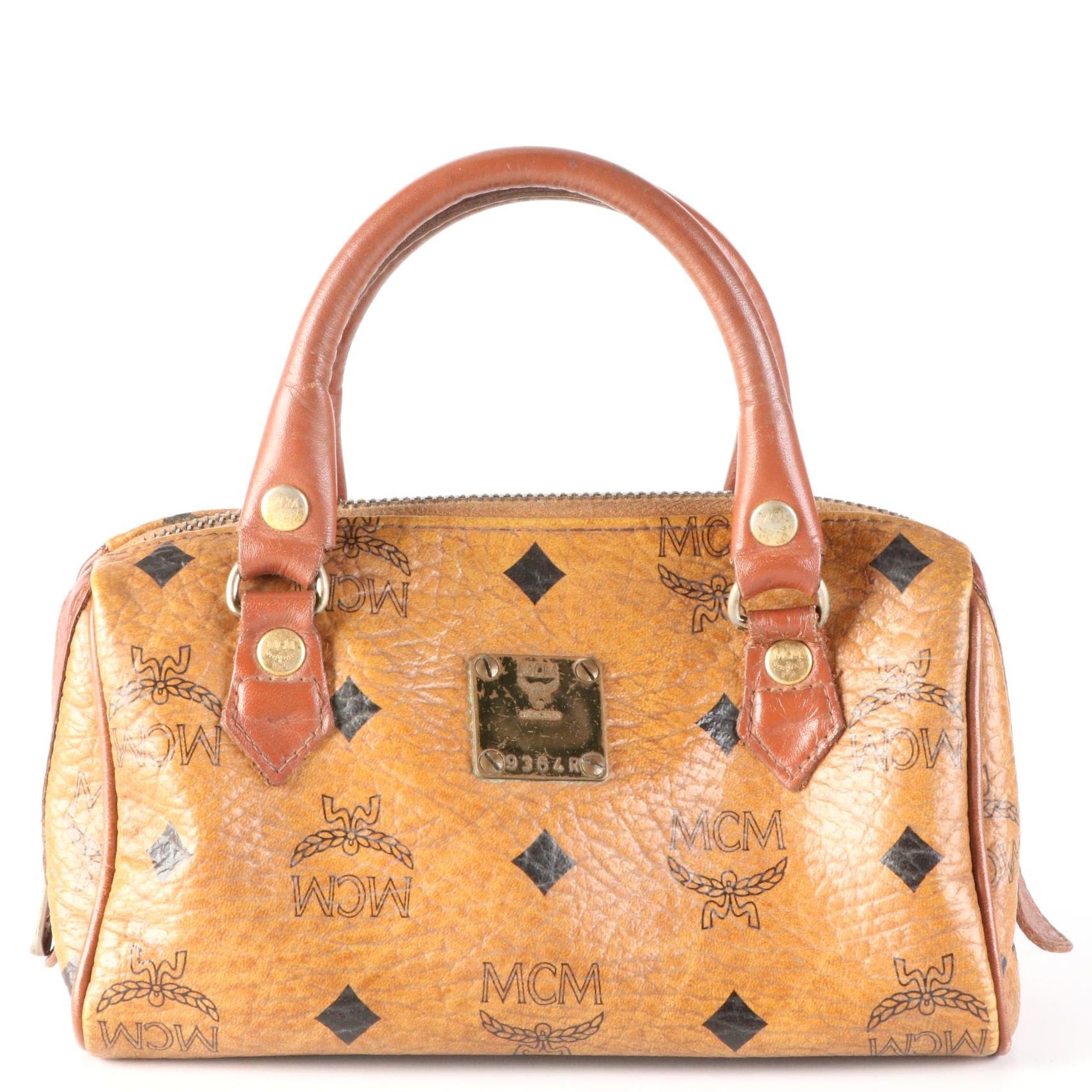 MCM Mini Boston Bag in Cognac Visetos and Leather Trim