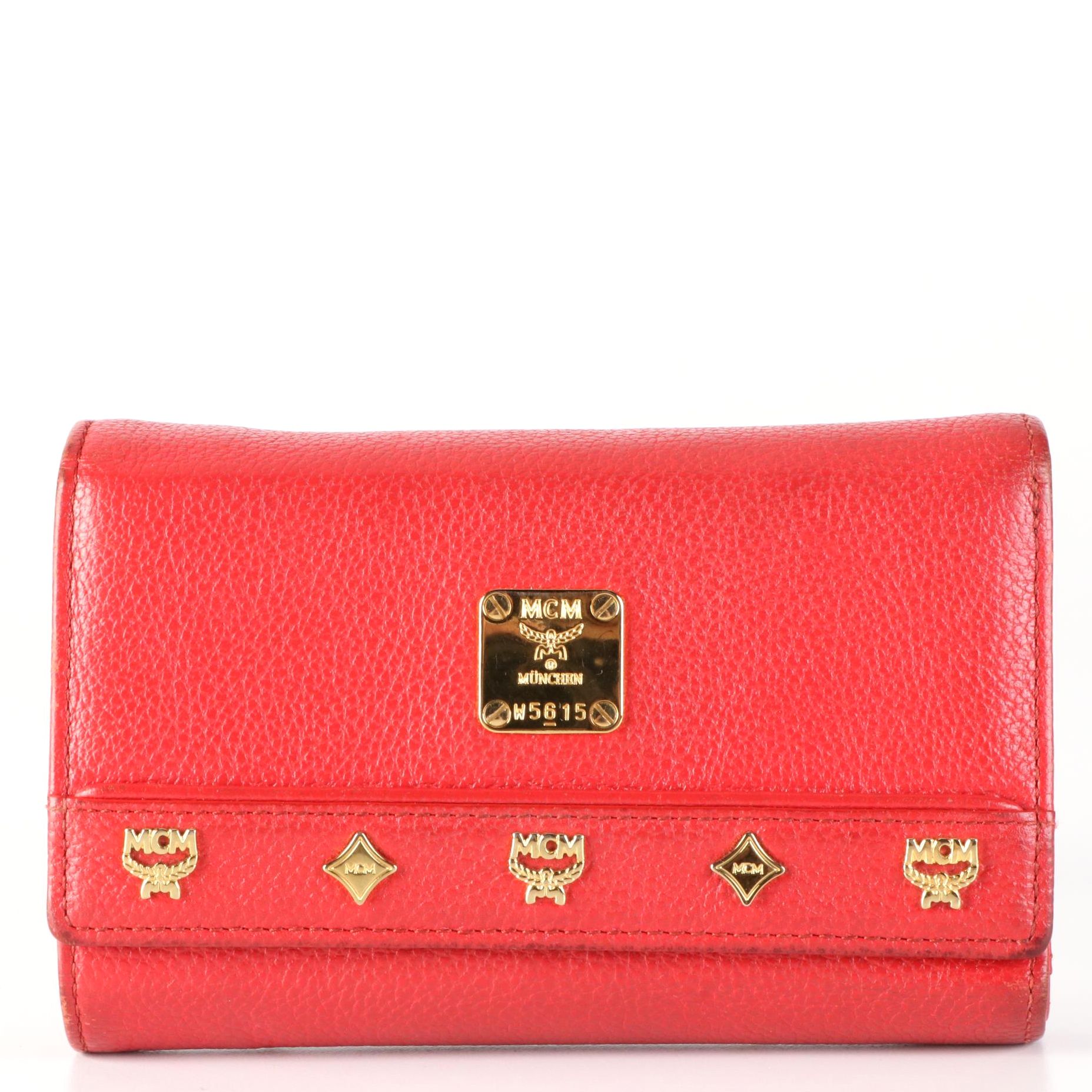 MCM Compact Wallet in Logo Emblem Red Grain Leather with Box