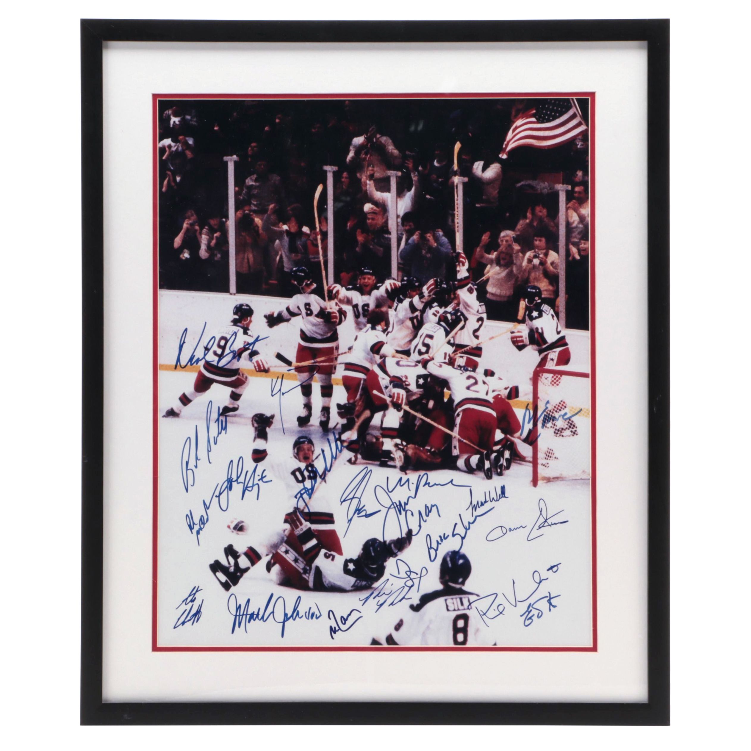 Eruzione, Brooks and More Signed 1980 Team USA Champs Hockey Giclée in Mat Frame