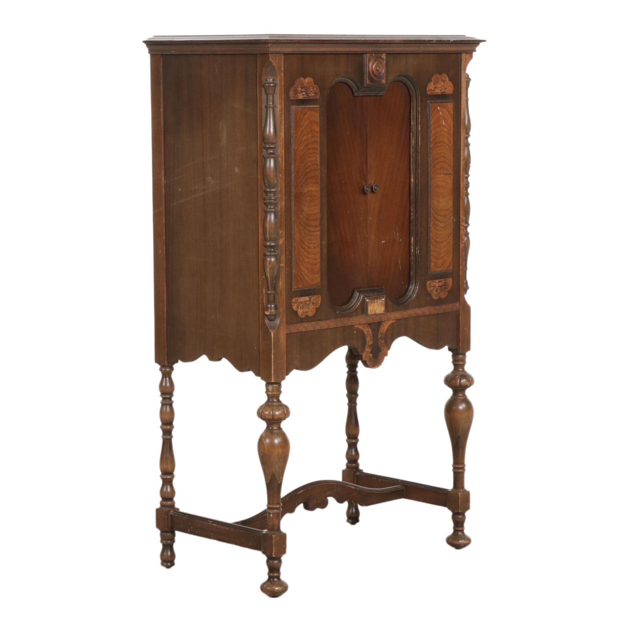 Jacobean Style Walnut Radio Cabinet with Sliding Doors, Mid 20th Century