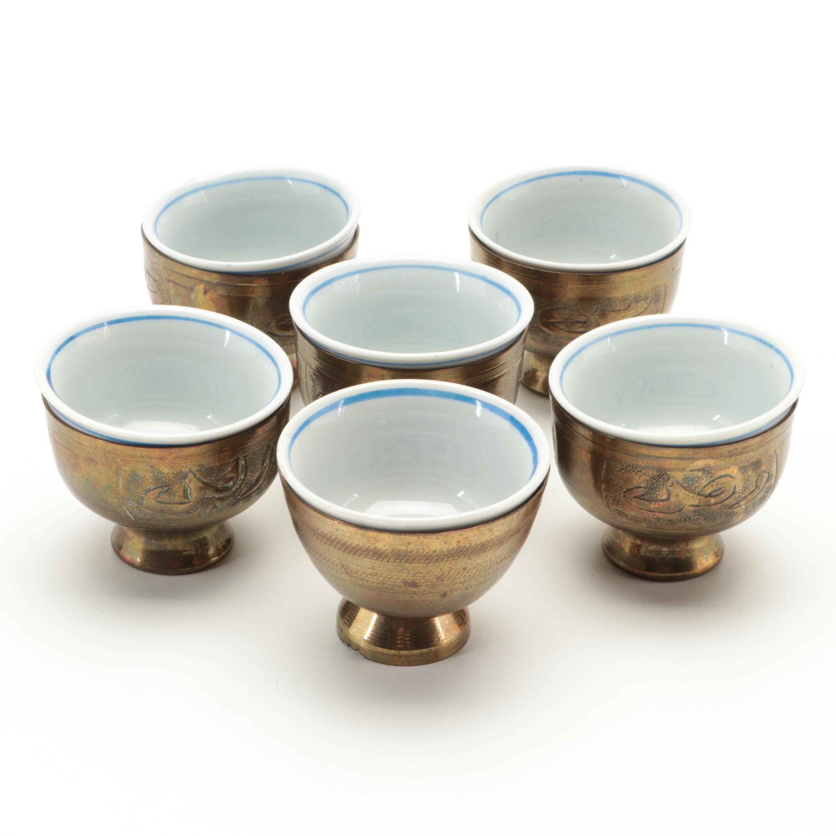 Japanese Kutani Cobalt Vase and Porcelain Sake Cups with Brass Holders