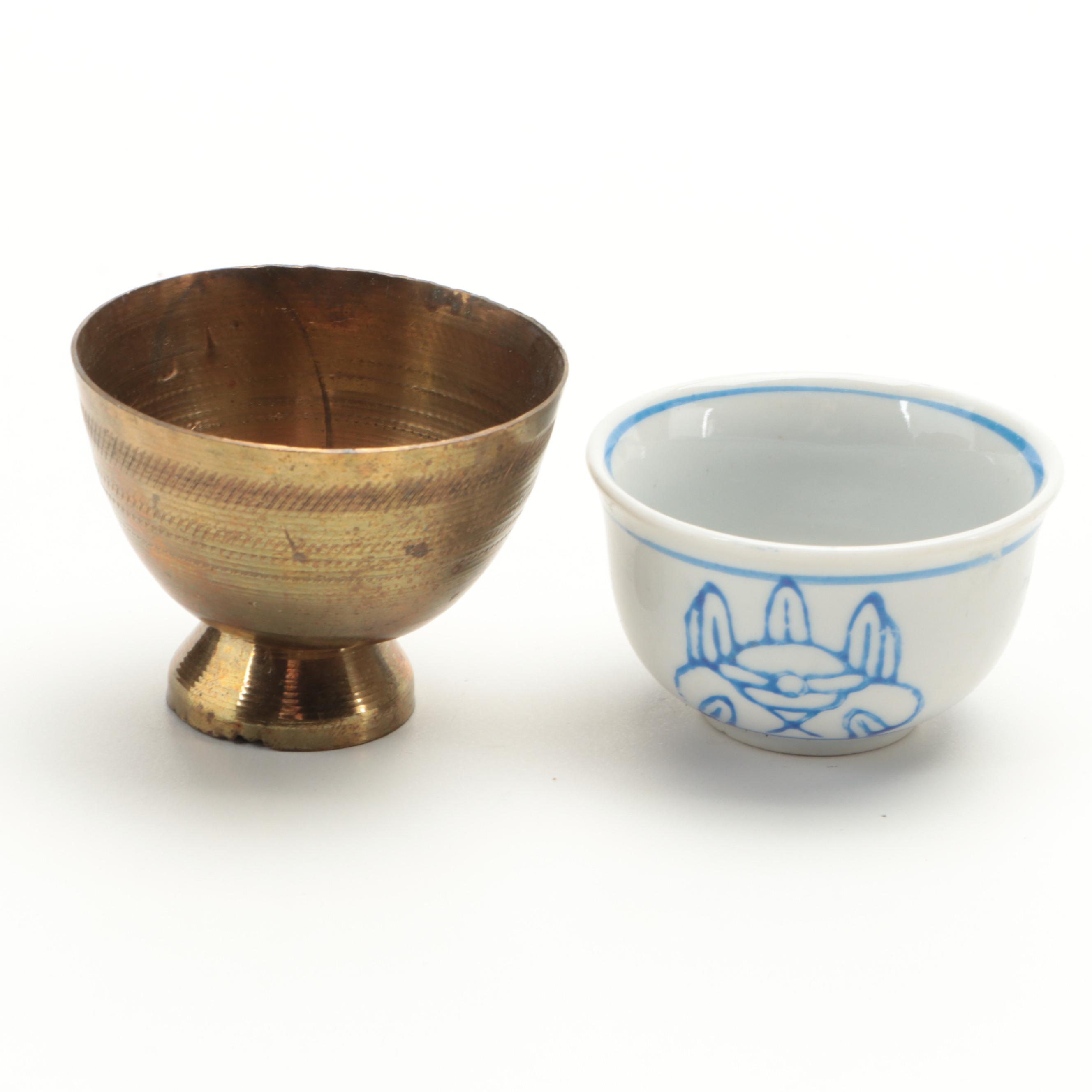 Japanese Kutani Cobalt Vase and Porcelain Sake Cups with Brass Holders