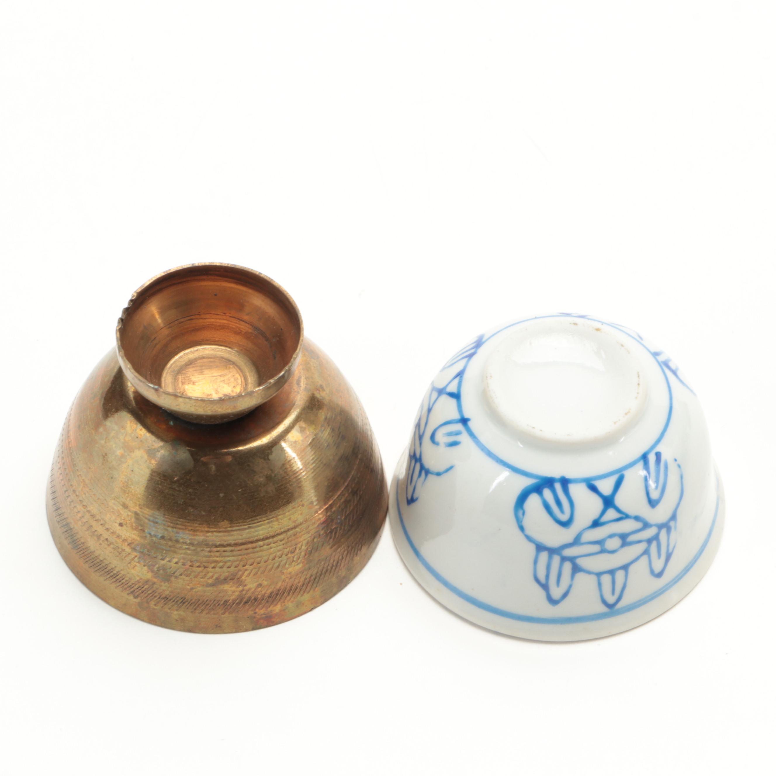 Japanese Kutani Cobalt Vase and Porcelain Sake Cups with Brass Holders