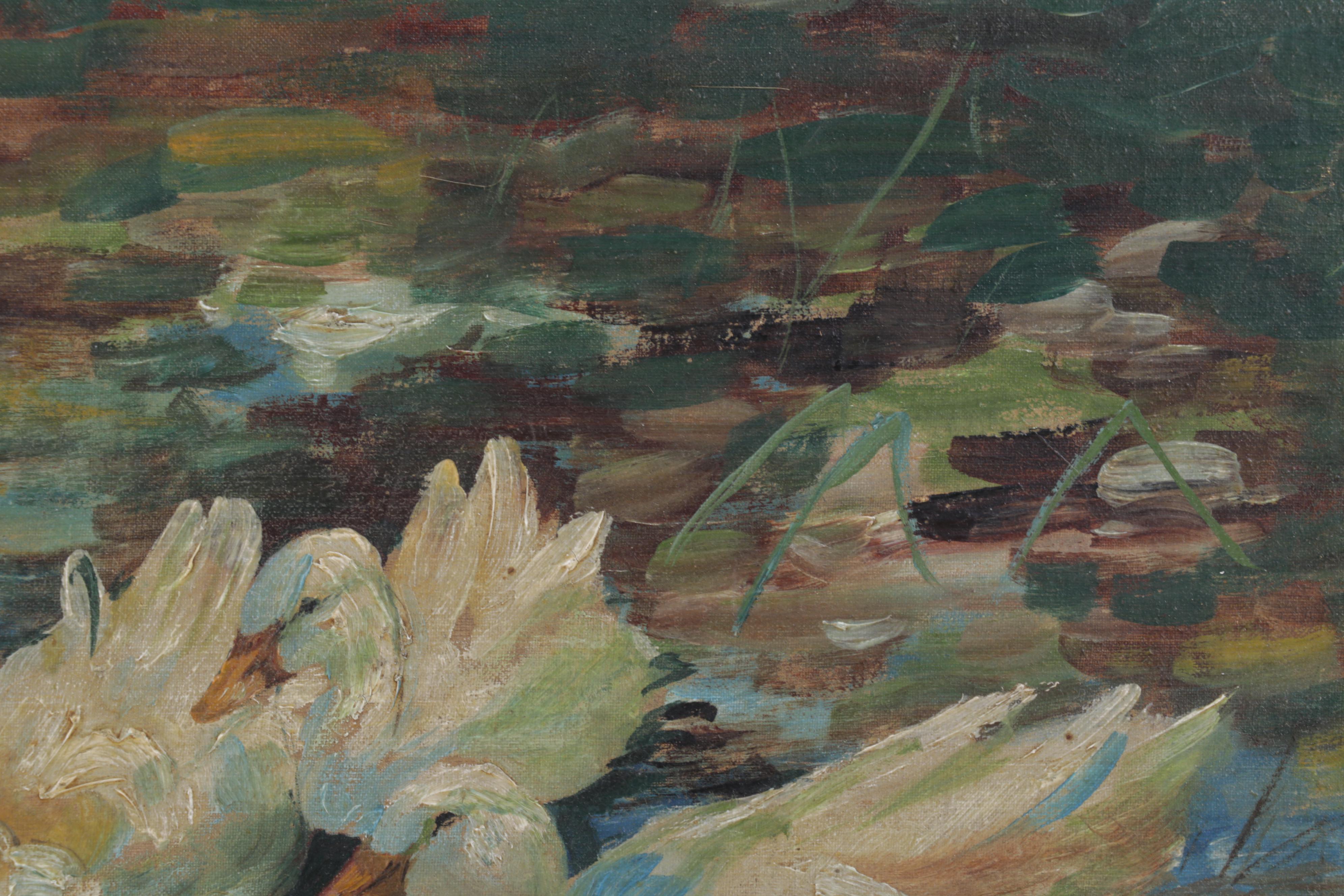 Ovid Kent Oil Painting of Ducks in Pond, Circa 1900