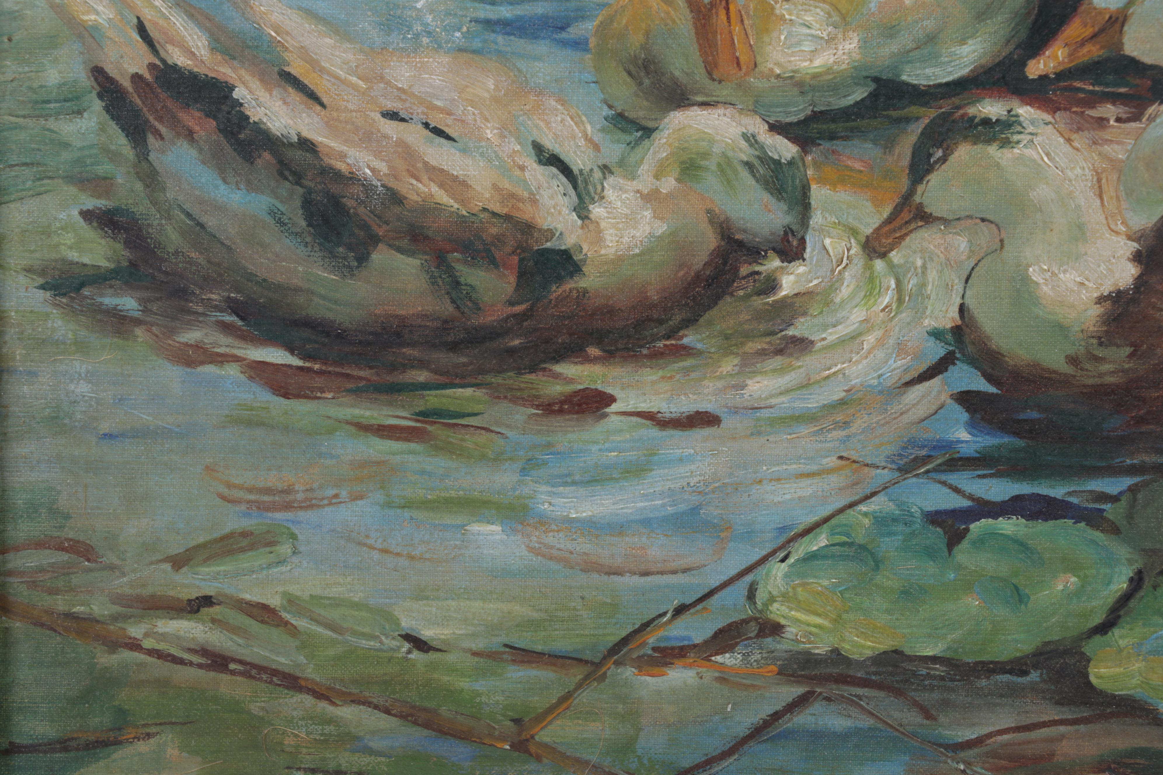 Ovid Kent Oil Painting of Ducks in Pond, Circa 1900