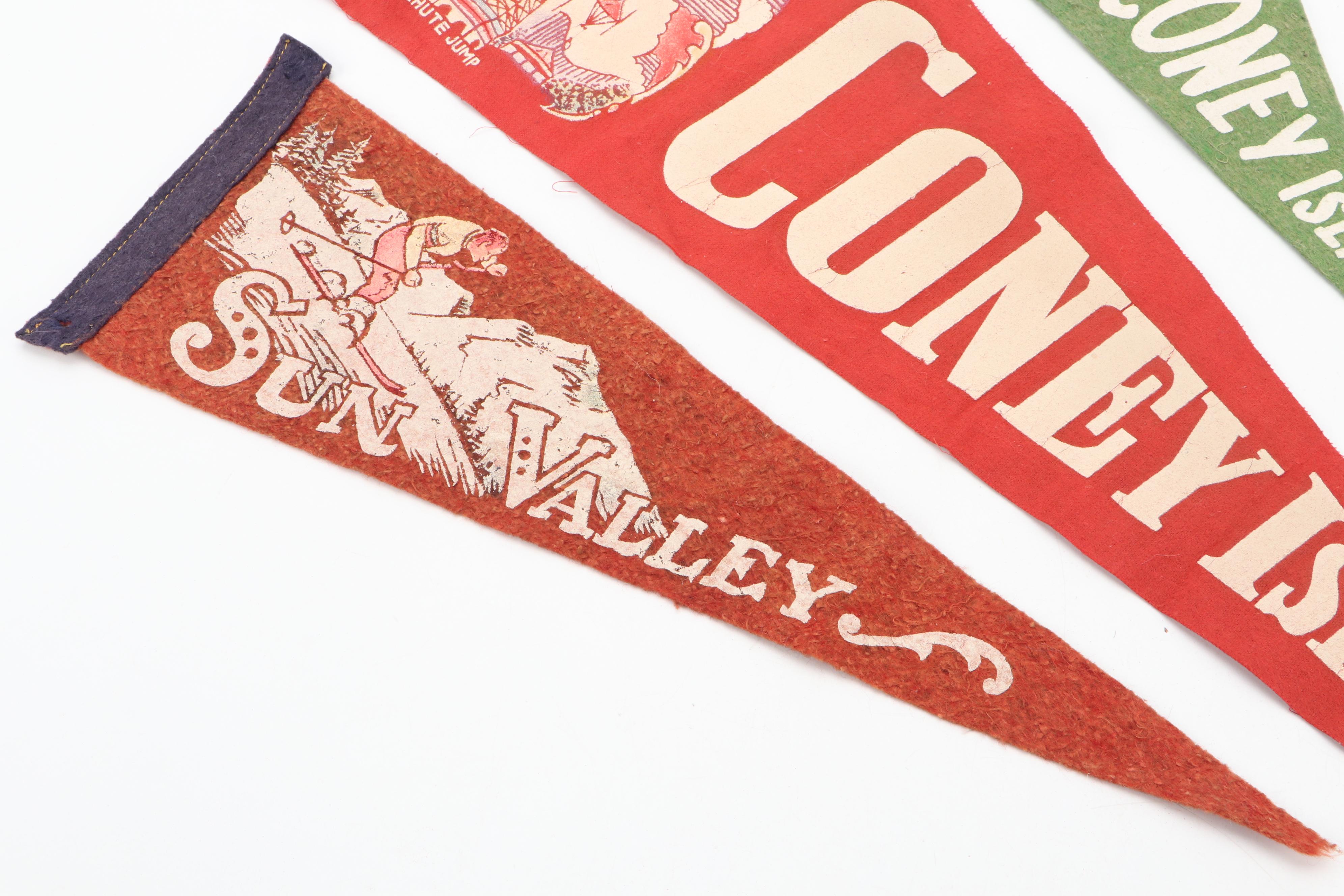 Coney Island and Sun Valley Ski Resort Souvenir Pennants, Mid to Late 20th C.