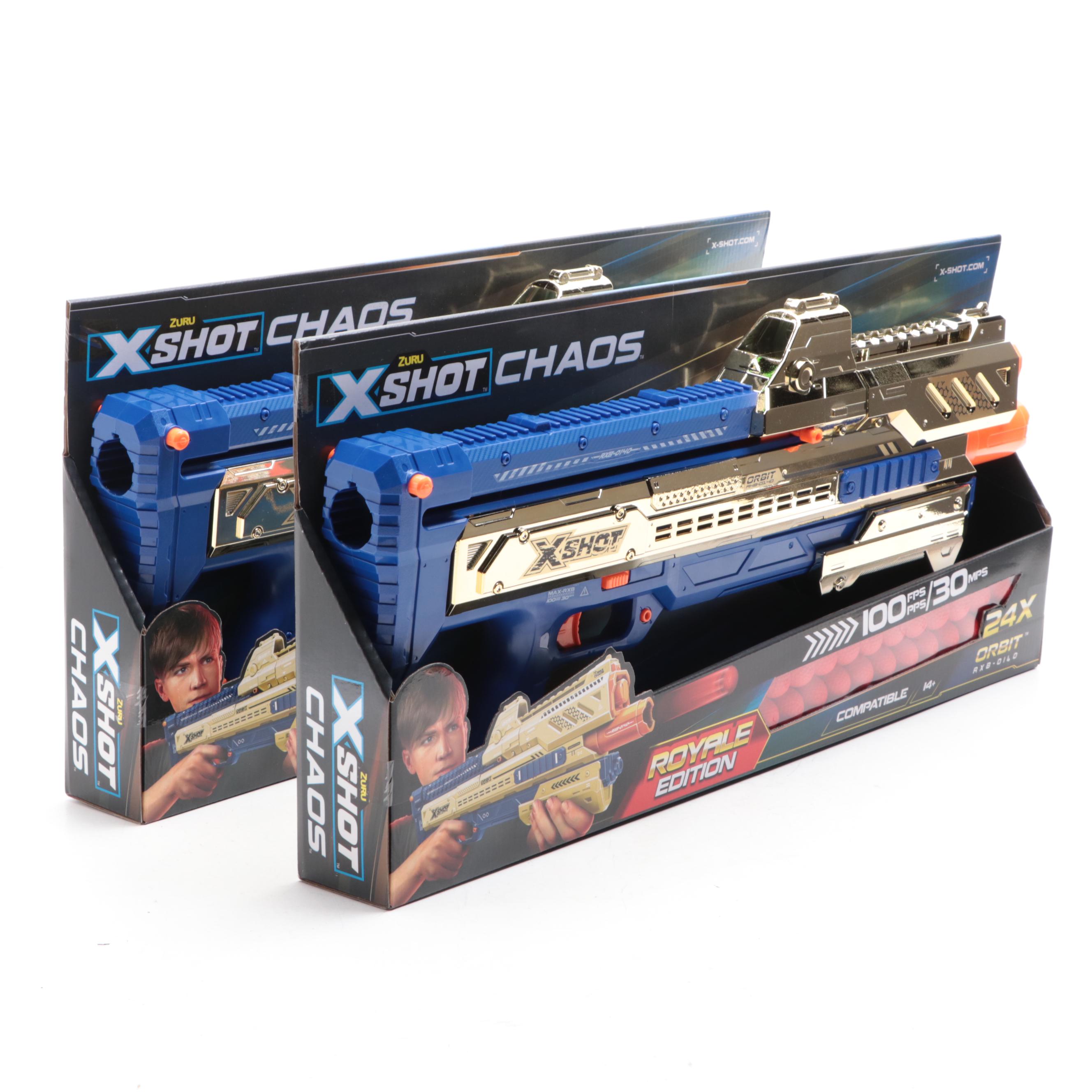 Two ZURU X-Shot Chaos Golden Orbit Blasters
