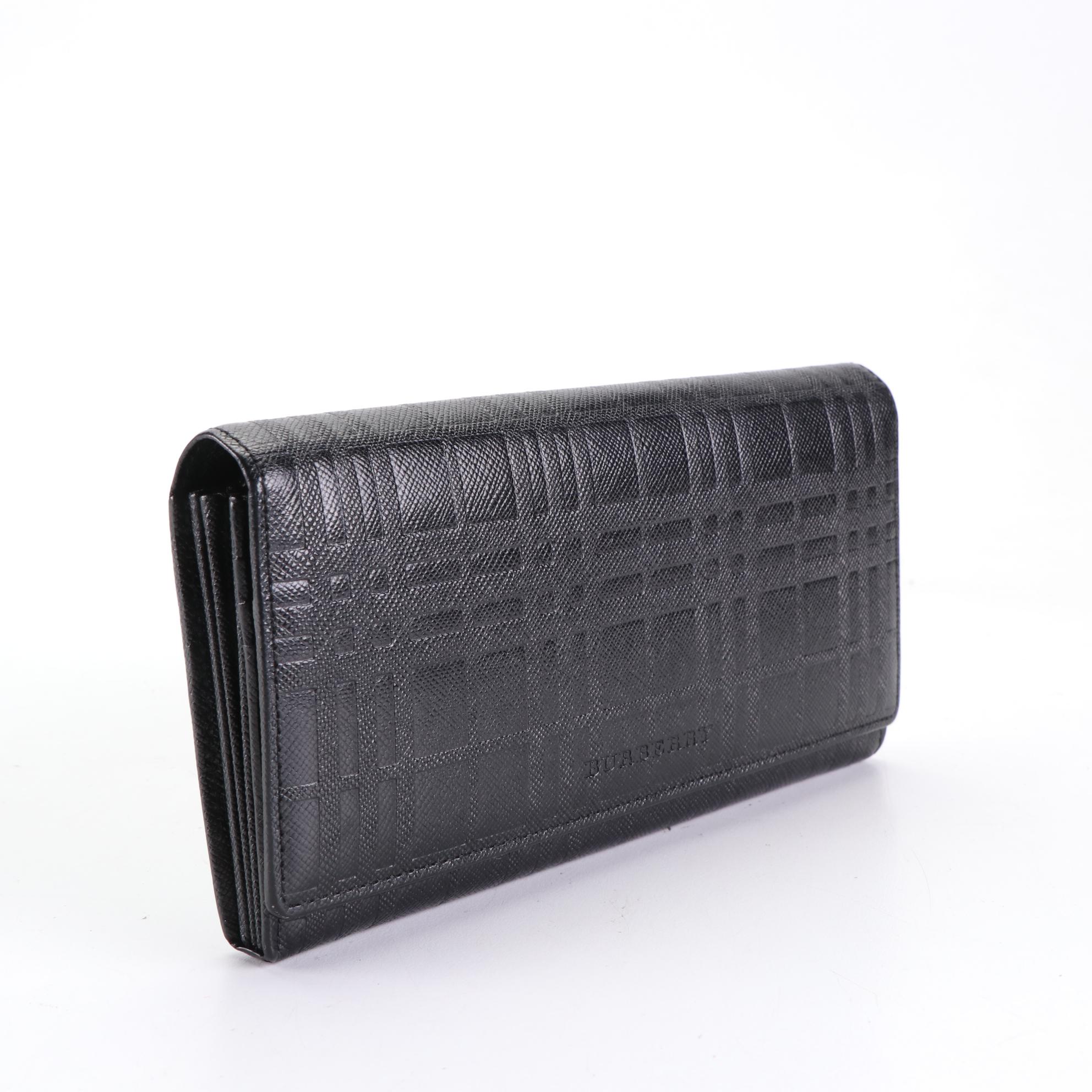 Burberry Long Wallet in Black Check Embossed Cross Grain Leather with Box
