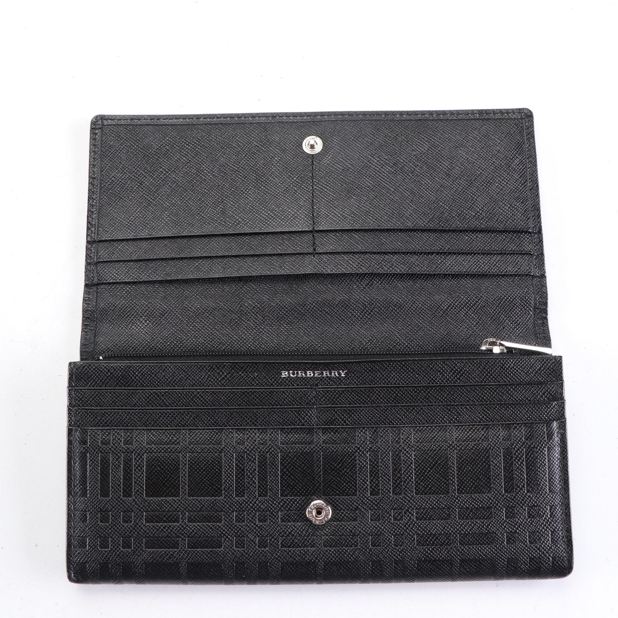 Burberry Long Wallet in Black Check Embossed Cross Grain Leather with Box