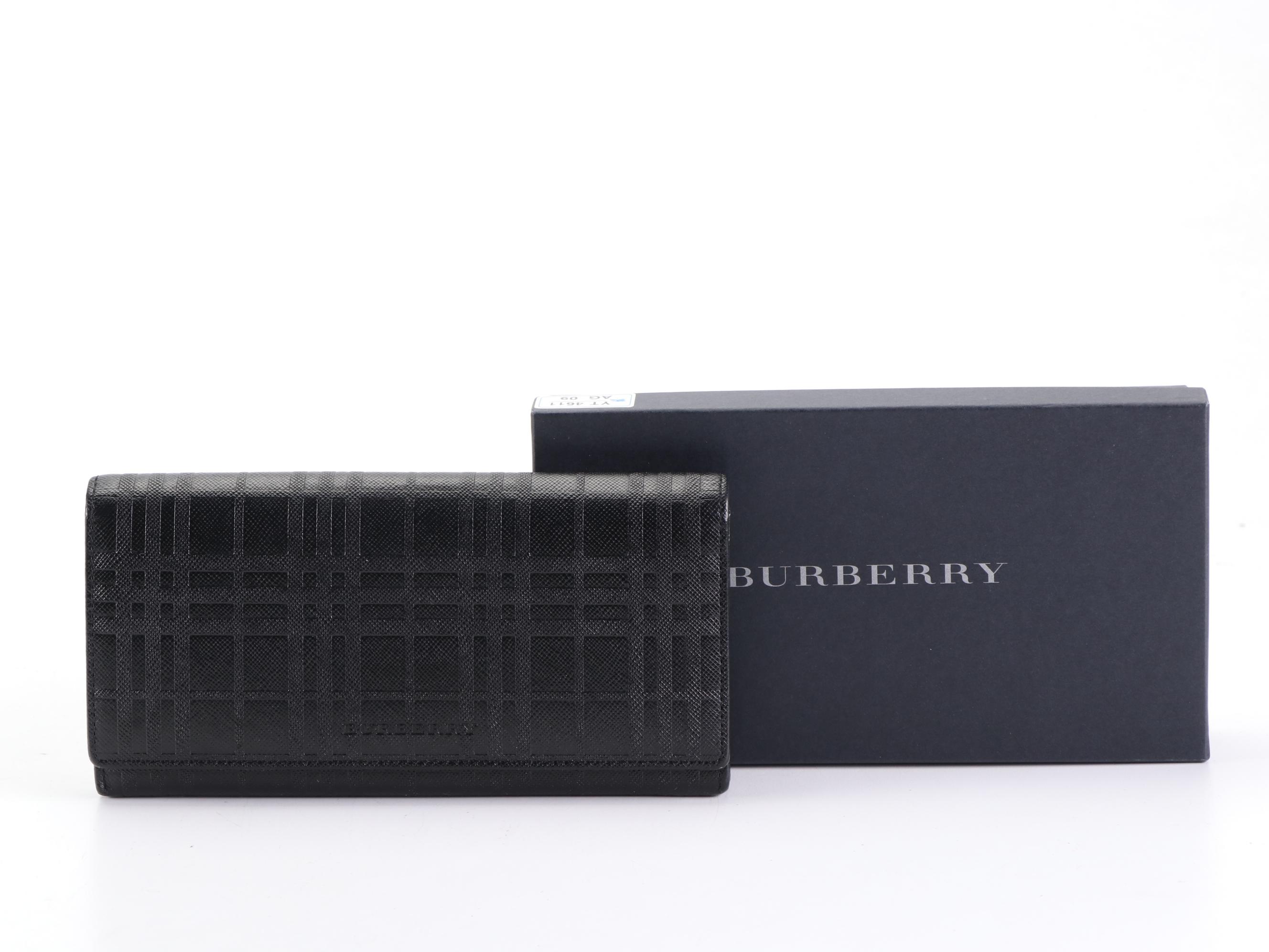 Burberry Long Wallet in Black Check Embossed Cross Grain Leather with Box
