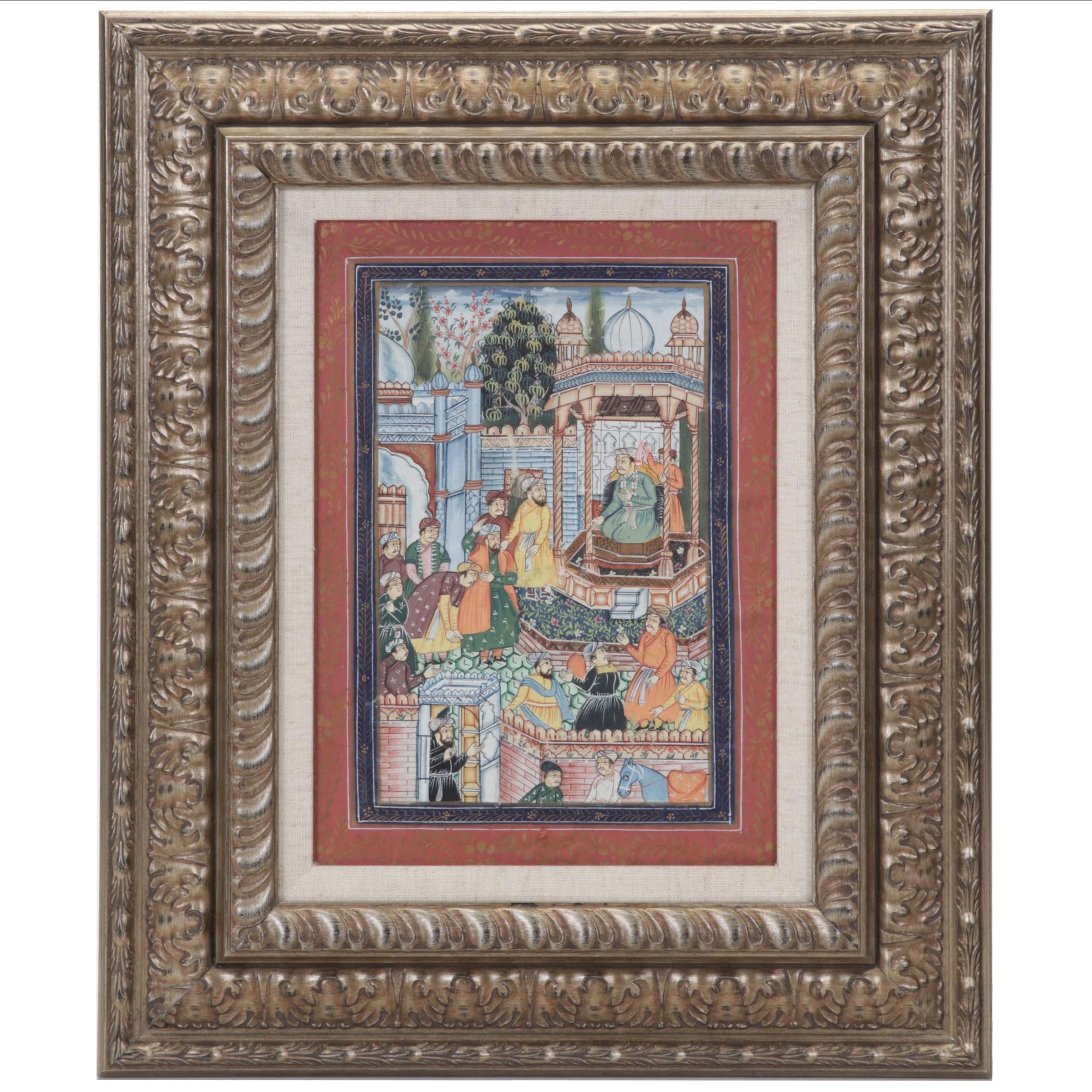 Indo-Persian Mughal Gouache Painting of Noble Courtyard