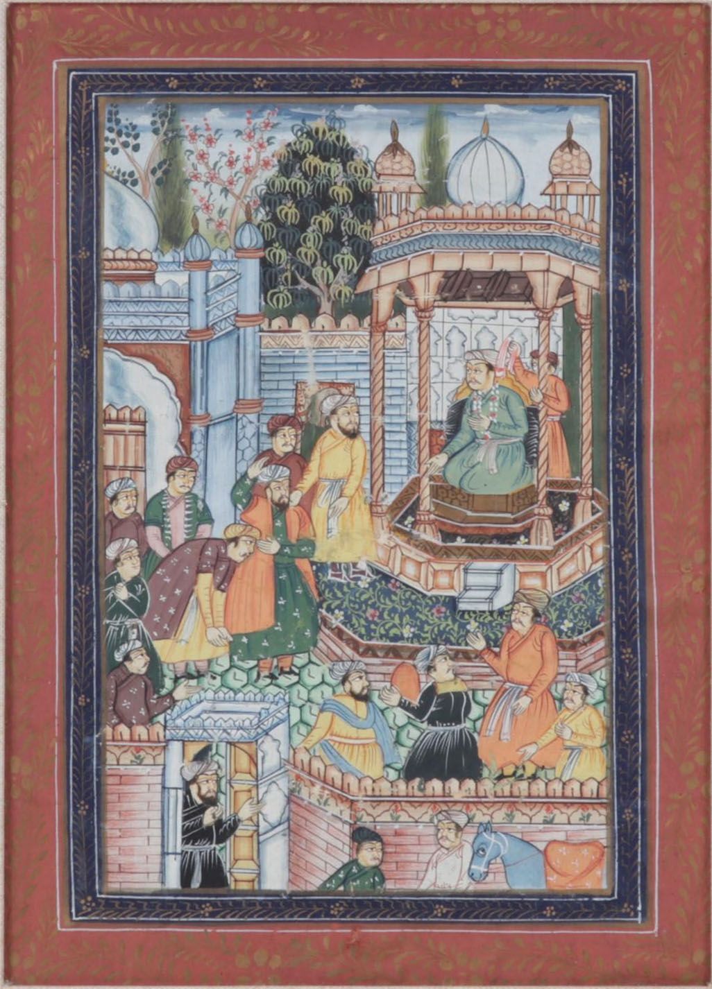 Indo-Persian Mughal Gouache Painting of Noble Courtyard