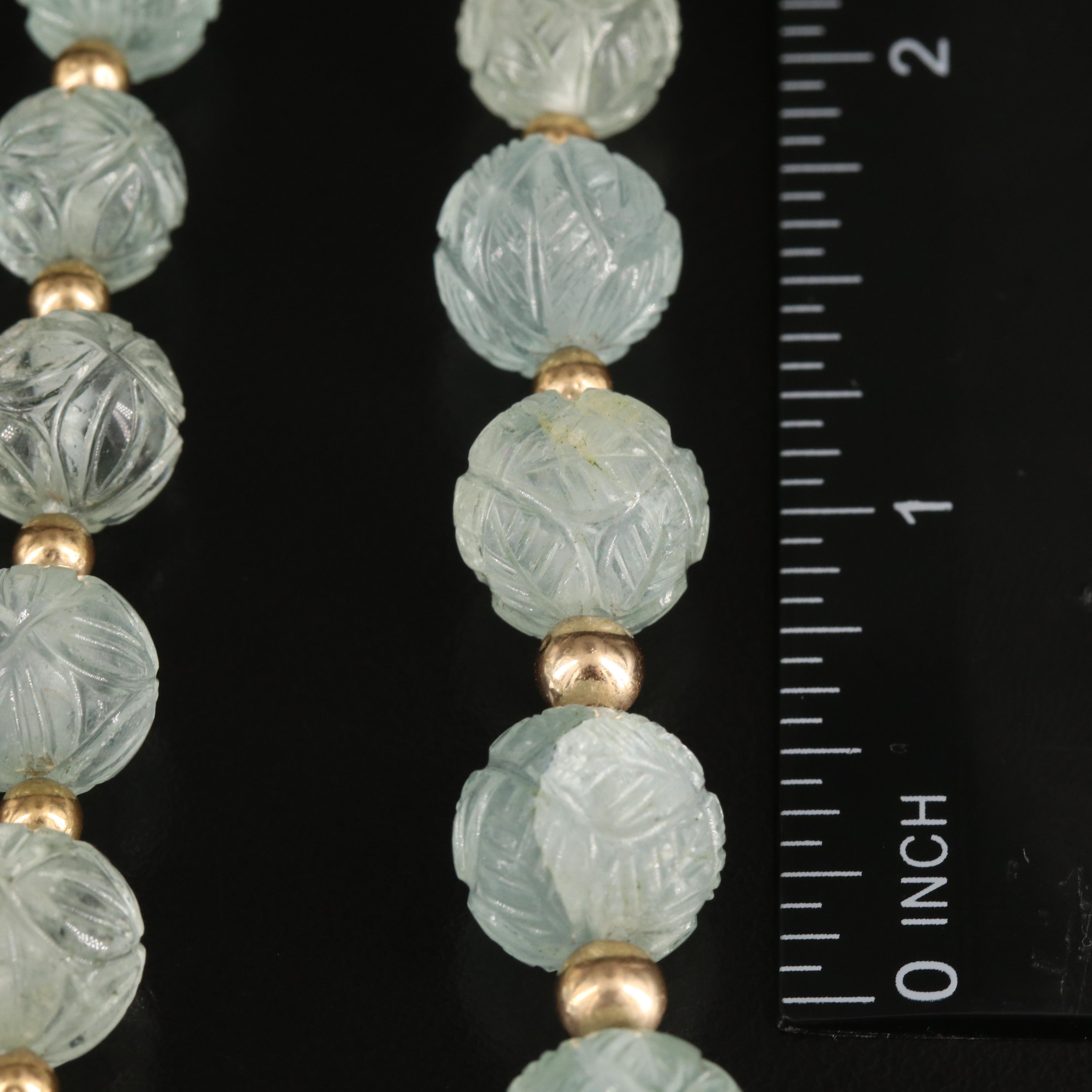 14K Graduated Carved Aquamarine Bead Necklace