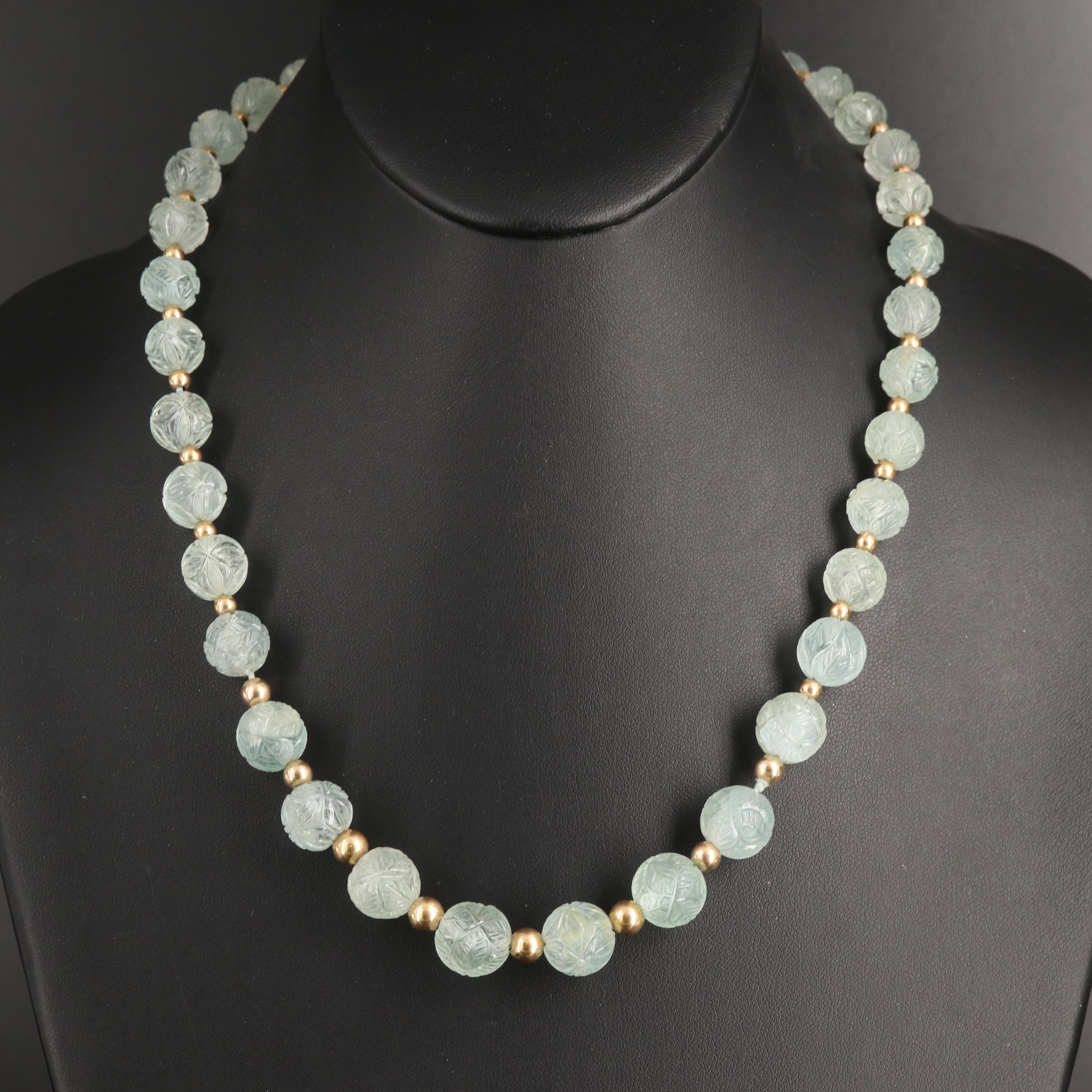 14K Graduated Carved Aquamarine Bead Necklace