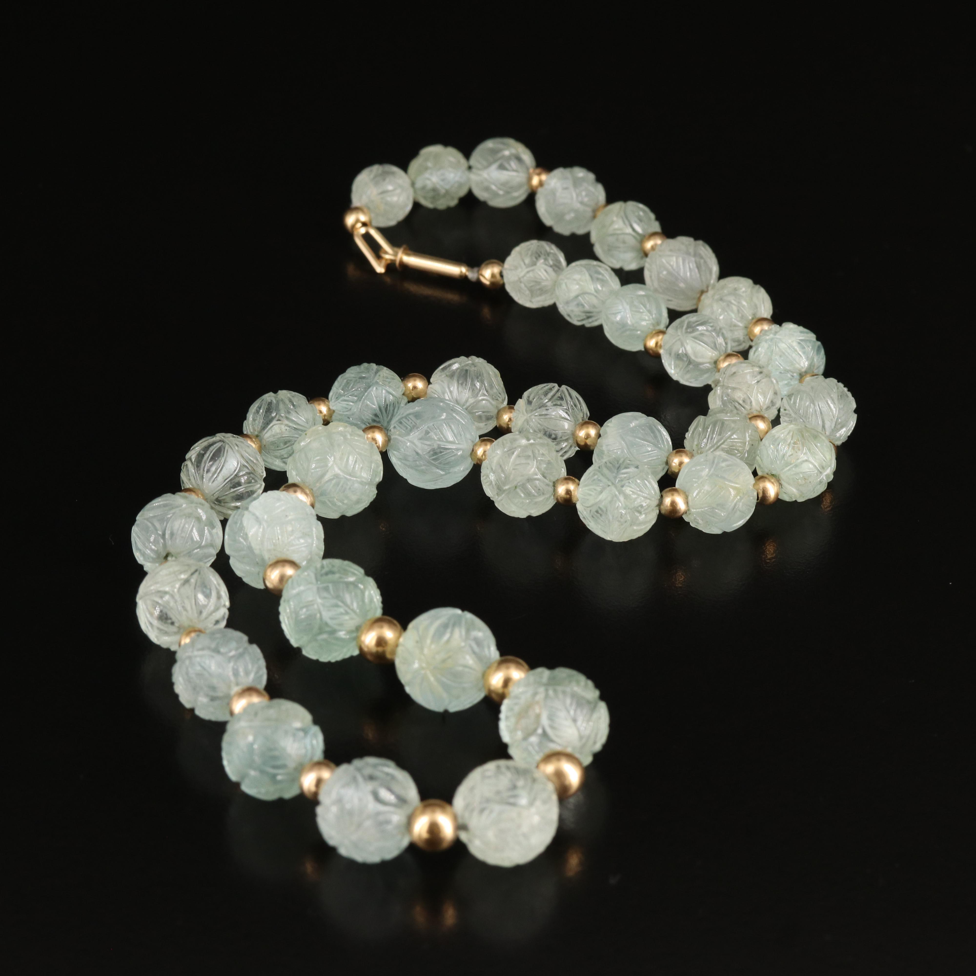 14K Graduated Carved Aquamarine Bead Necklace