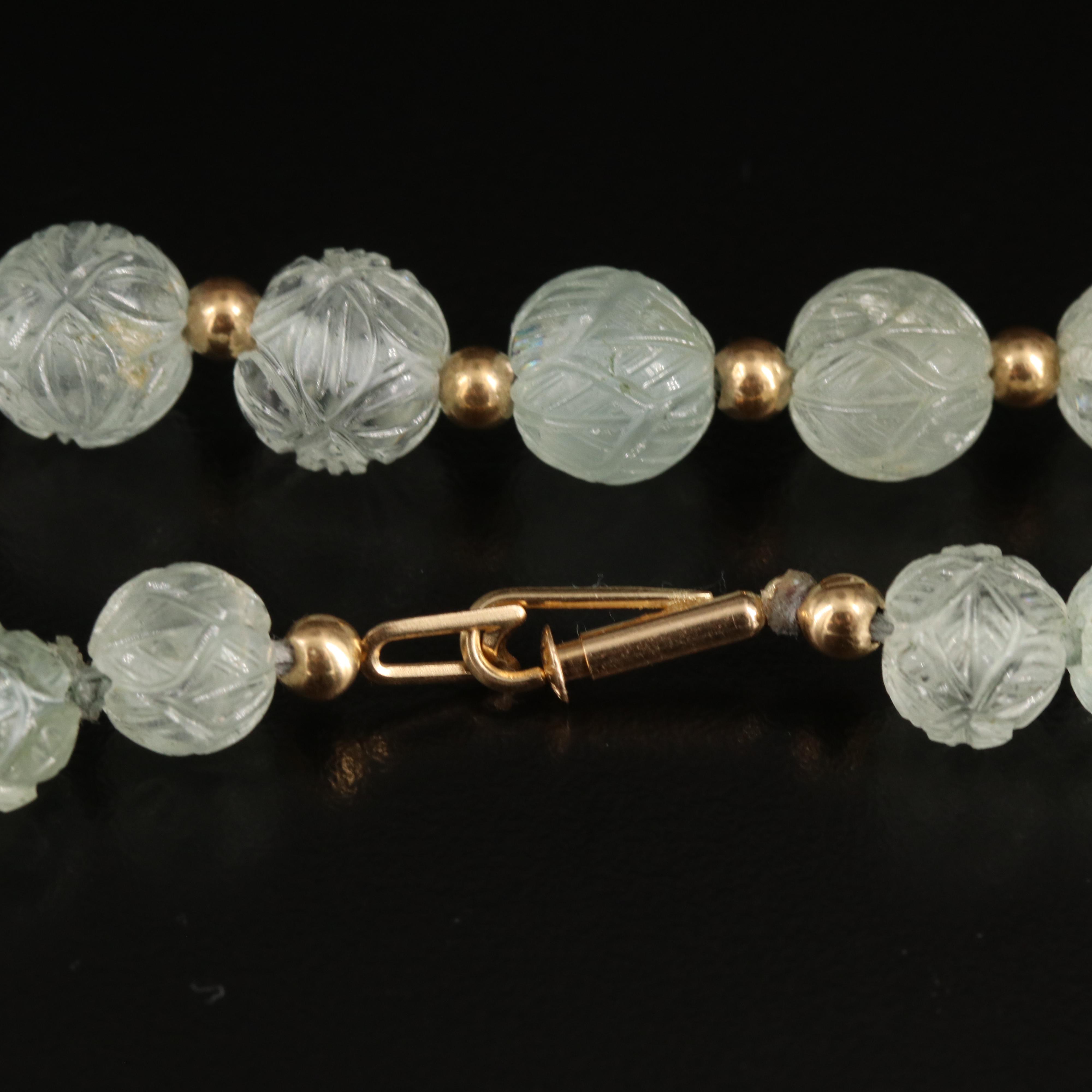 14K Graduated Carved Aquamarine Bead Necklace
