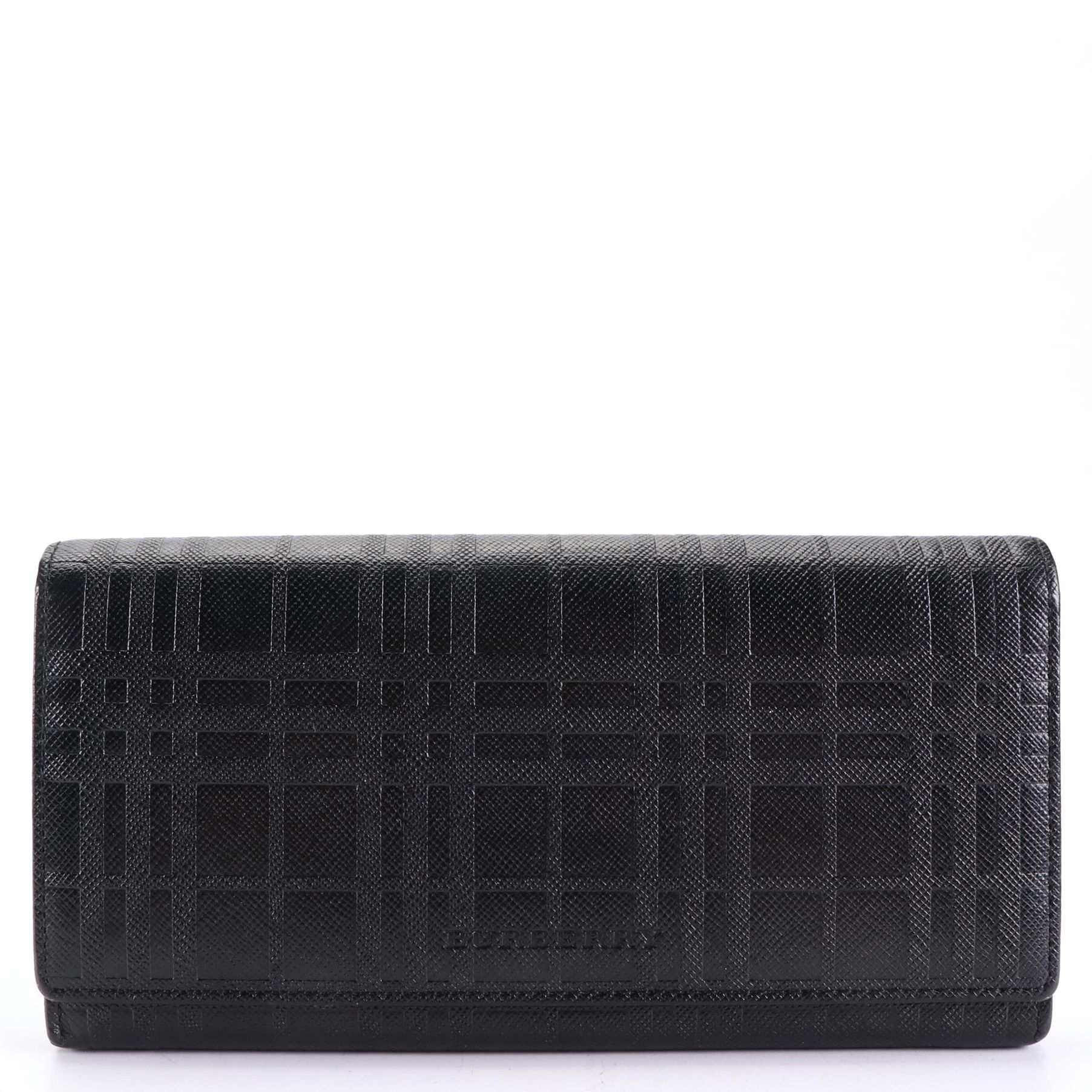 Burberry Long Wallet in Black Check Embossed Cross Grain Leather with Box