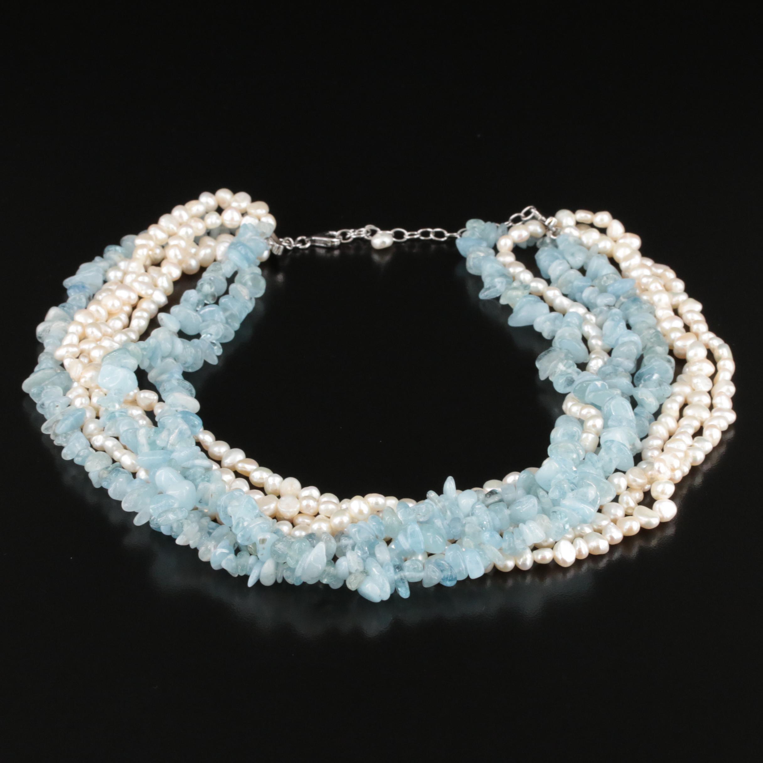 Aquamarine and Pearl Torsade with Sterling Clasp
