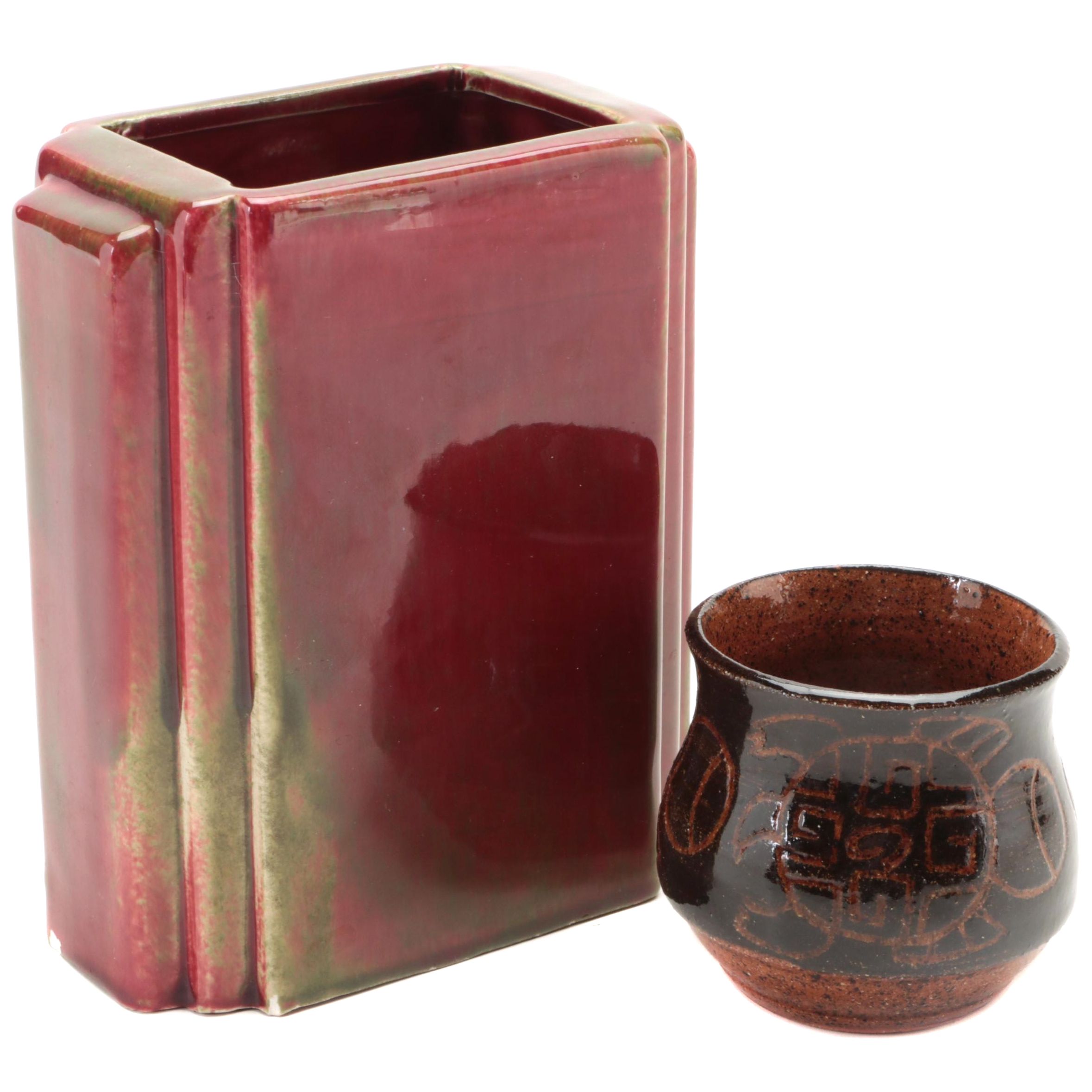 Artistic Potteries Molten Glaze Block Vase and Other Earthenware Vase