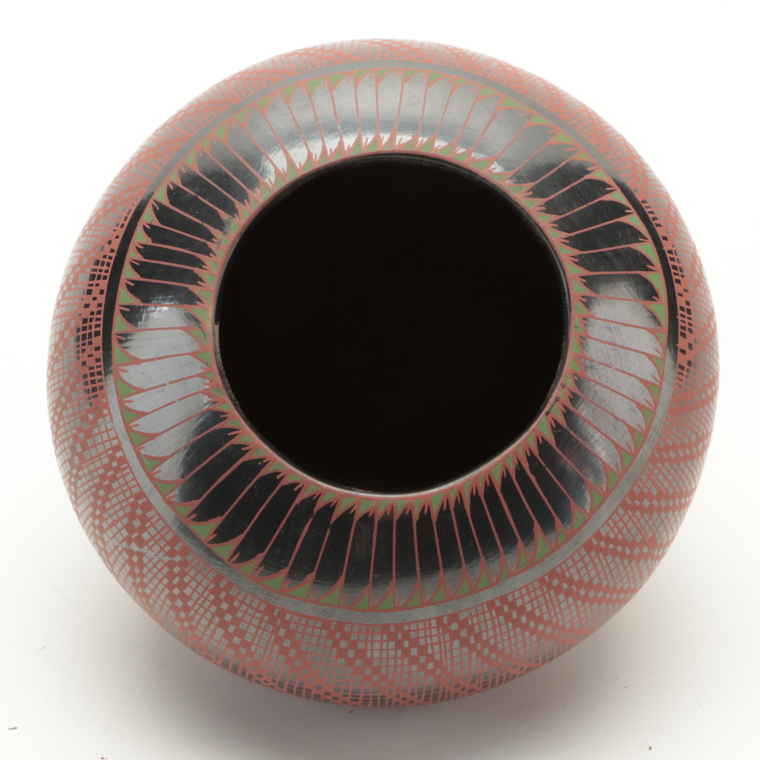 Signed Rene Pedregon Mata Ortiz Polychrome on Black Pottery Vessel