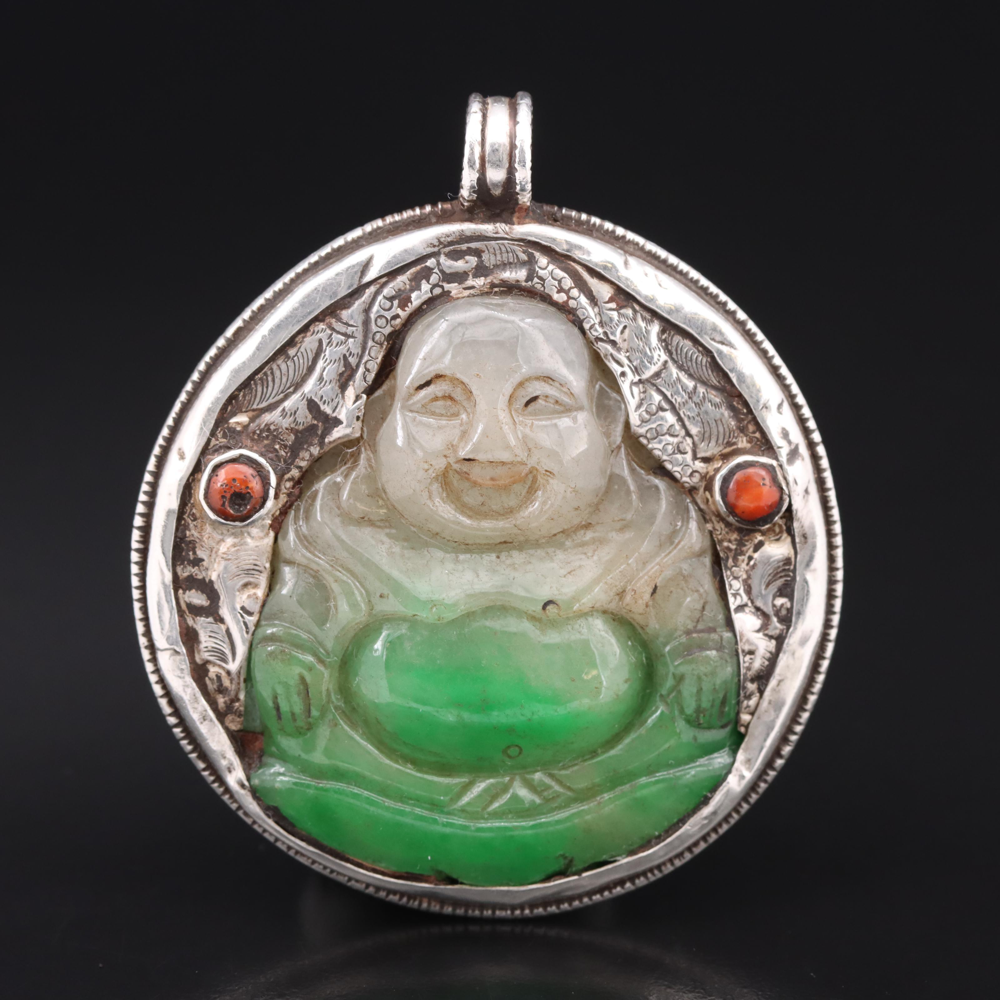 Sterling Jadeite and Coral Budai and Garuda Pendant