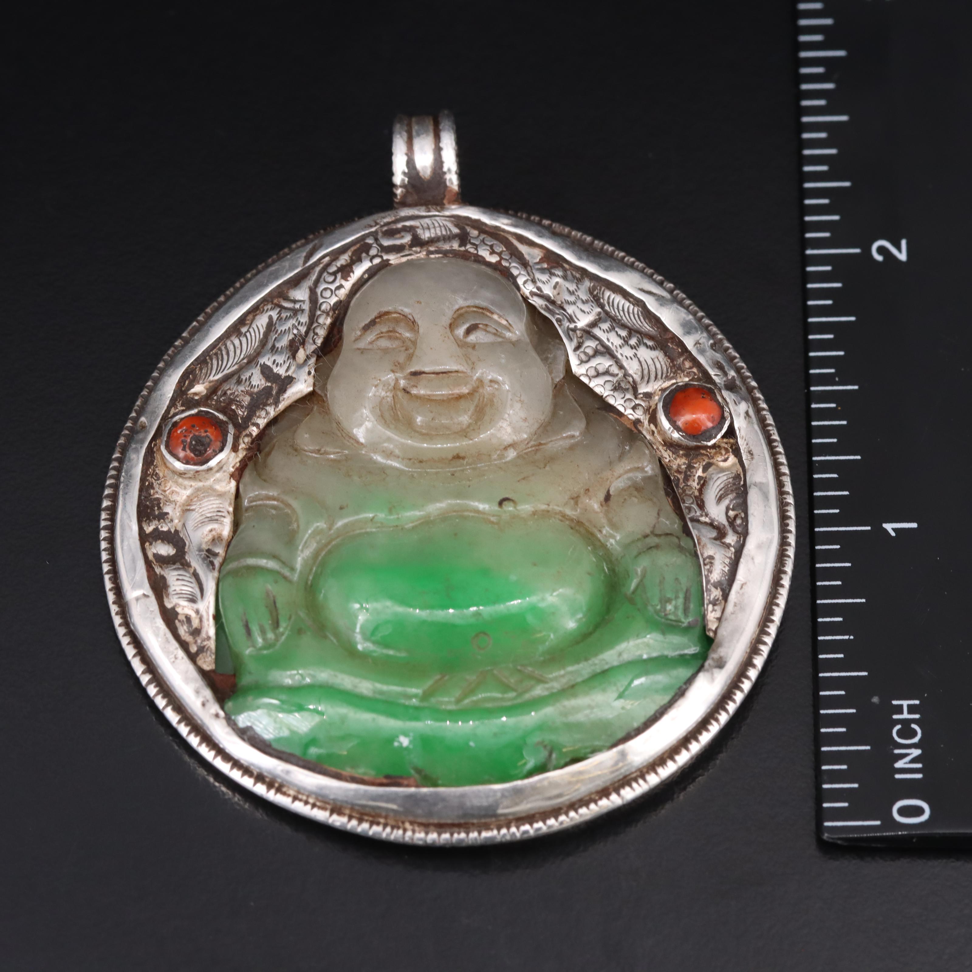 Sterling Jadeite and Coral Budai and Garuda Pendant