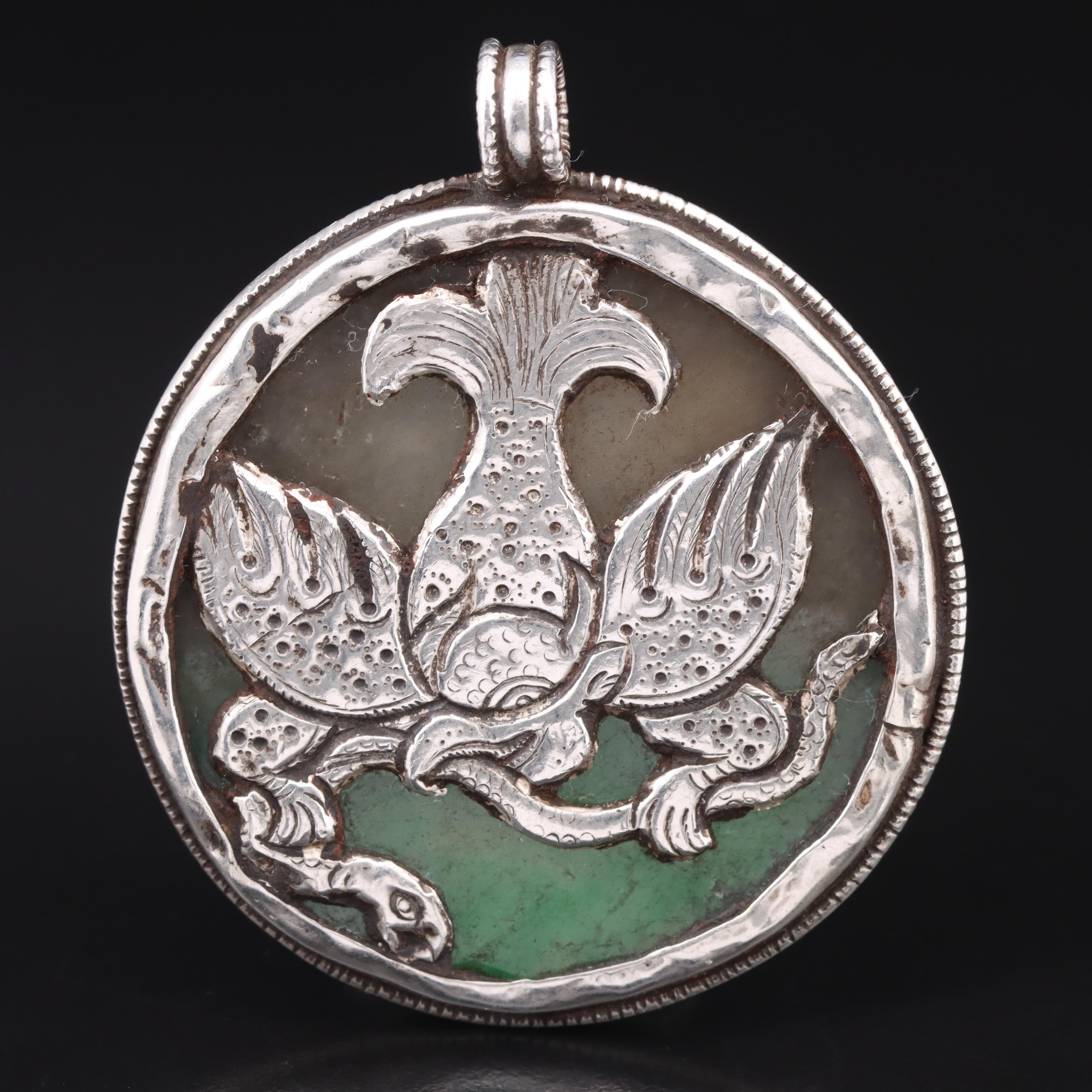 Sterling Jadeite and Coral Budai and Garuda Pendant