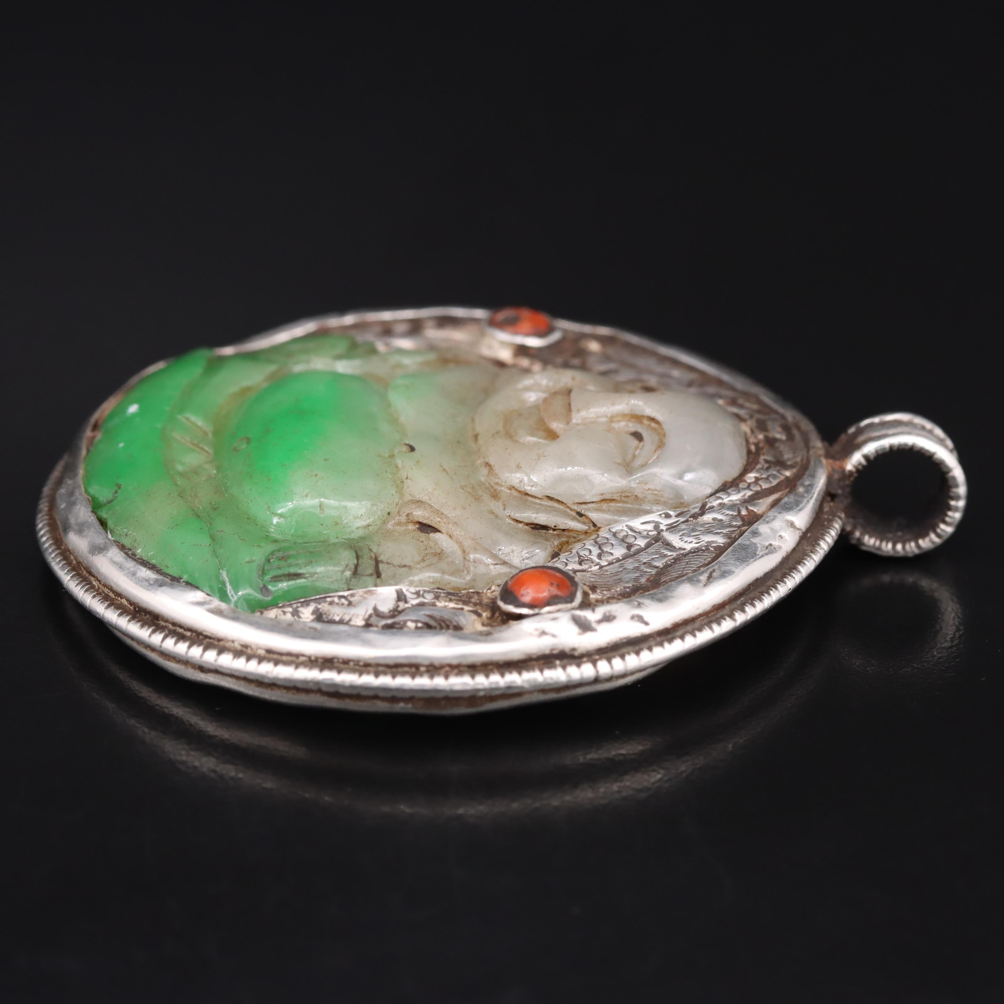 Sterling Jadeite and Coral Budai and Garuda Pendant